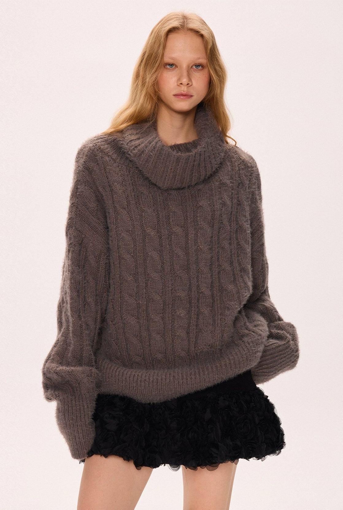 Chunky Cable Knit Turtleneck Sweater with Balloon Sleeves