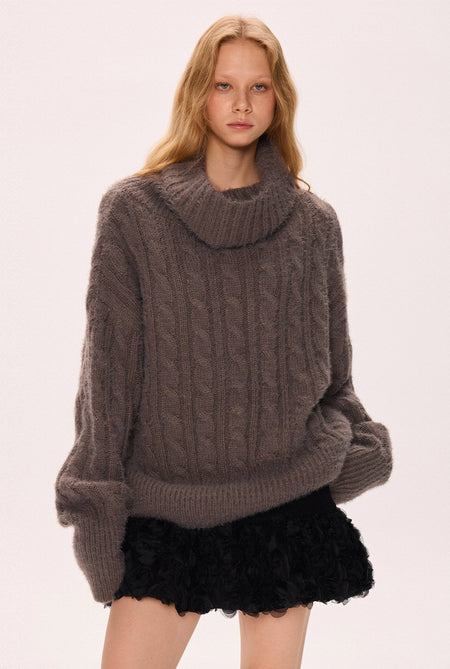 Chunky Cable Knit Turtleneck Sweater with Balloon Sleeves