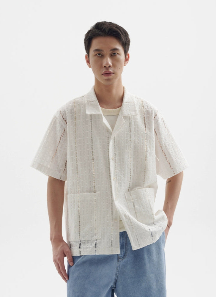 Textured Open Weave Button-Up Shirt with Pockets