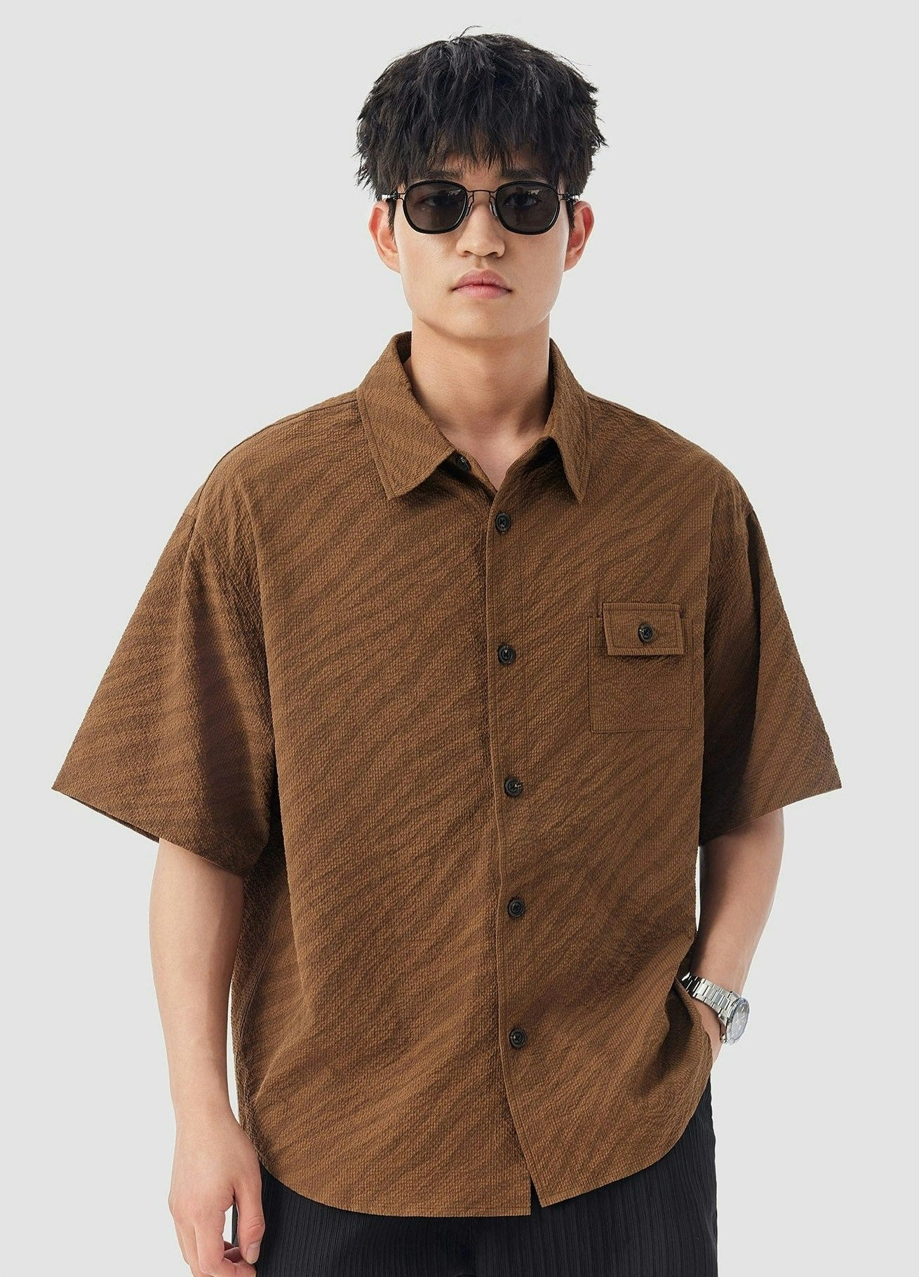 Boxy Textured Button-Up Shirt with Chest Pocket