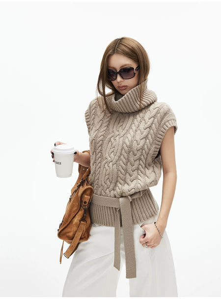 Cable Knit Turtleneck Sweater Vest with Belt - nightcity clothing