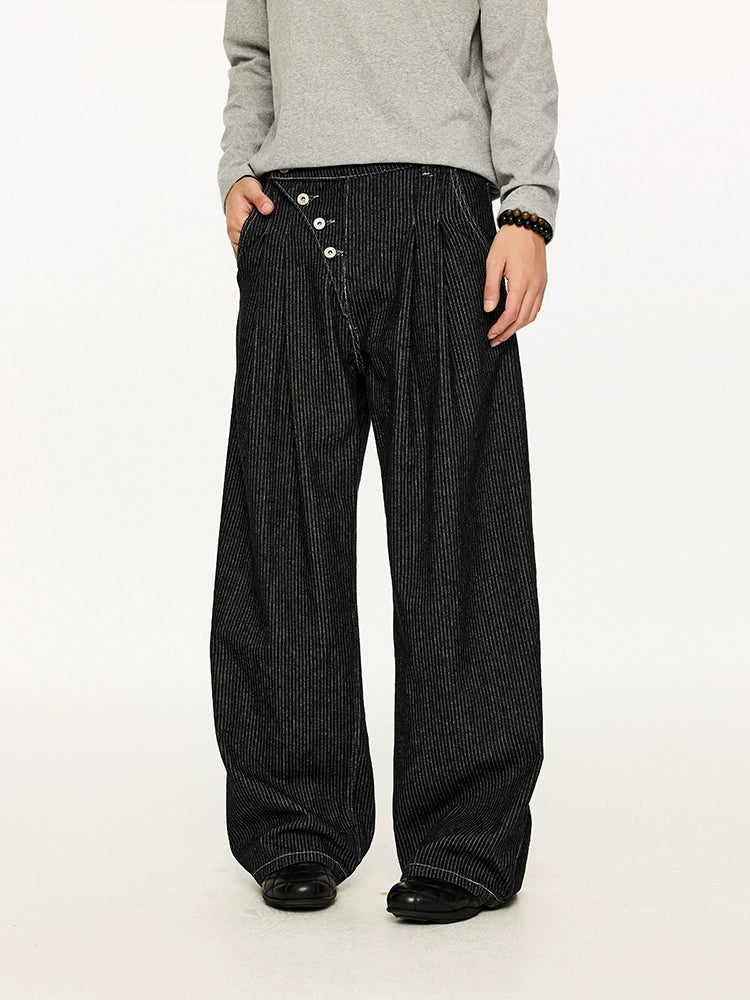 Pinstripe Pleated Wide Leg Asymmetric-Button Denim Jeans