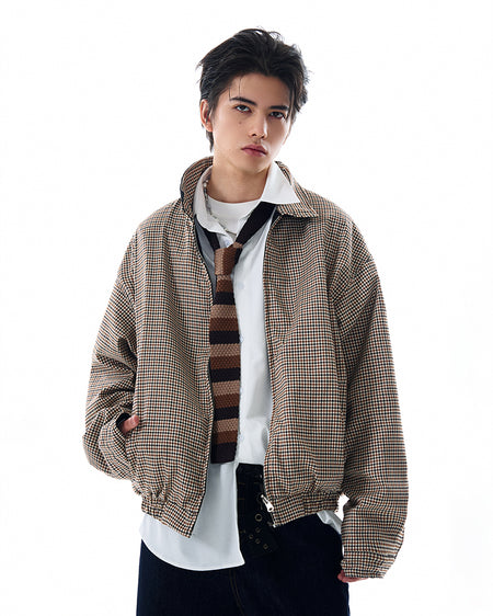 Oversized Houndstooth Reversible Zip Jacket with Elastic Trim - nightcity clothing