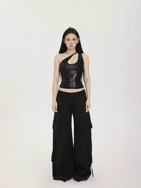 Metallic Asymmetric Cut-Out Halter Neck Crop Top