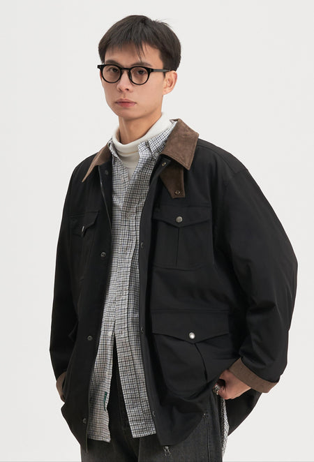 Multi Snap Pocket Contrast Corduroy Collar and Cuff Zip Jacket