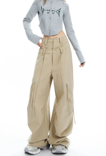 Plaid Wide Leg Zip-Pocket Pleated Trousers