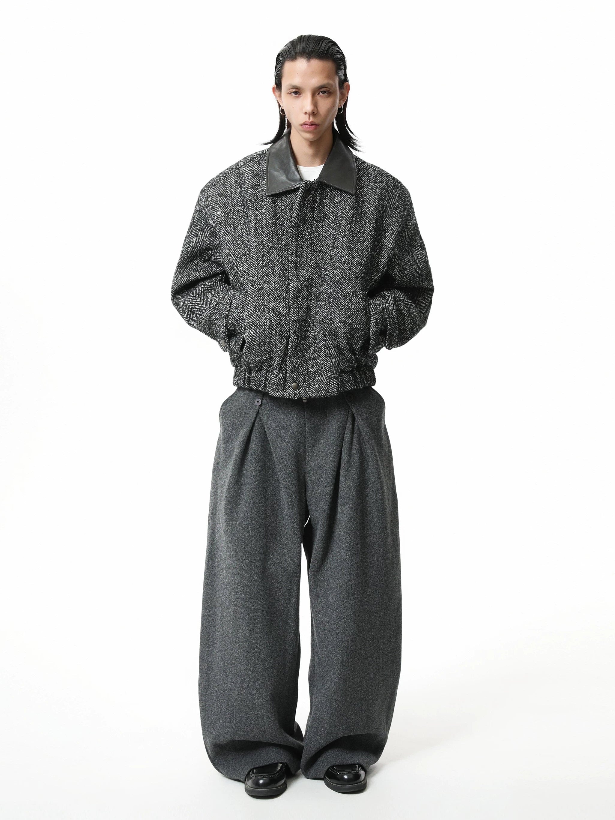 Boxy Herringbone Pattern Jacket with Detachable Faux Fur Collar - nightcity clothing