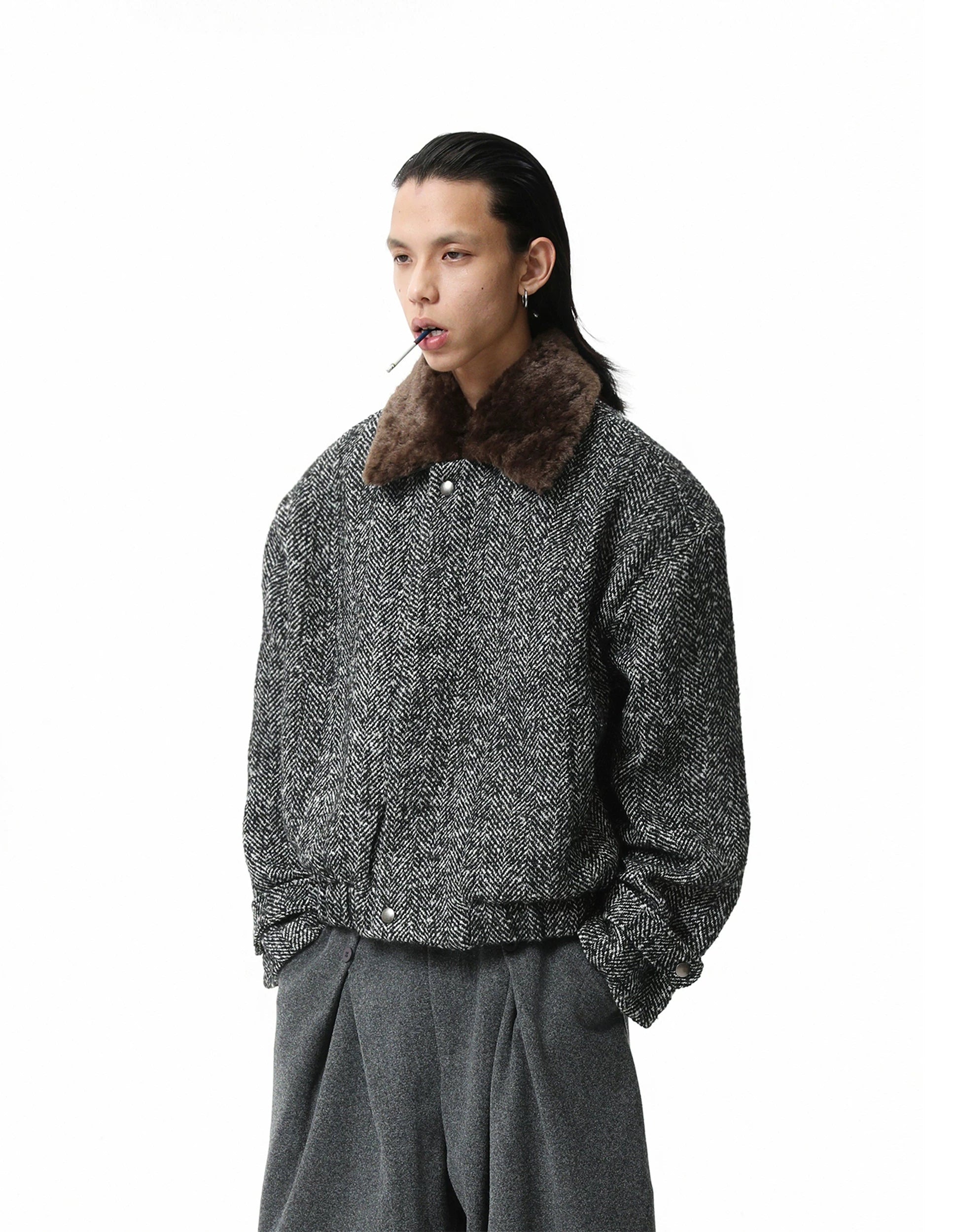 Boxy Herringbone Pattern Jacket with Detachable Faux Fur Collar - nightcity clothing