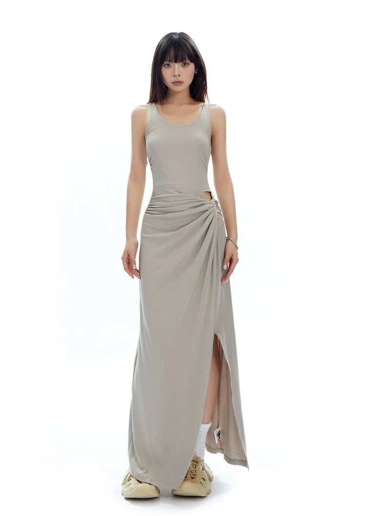 Sleeveless Scoop Neck Maxi Dress with Side Slit and Cut-Out Detail