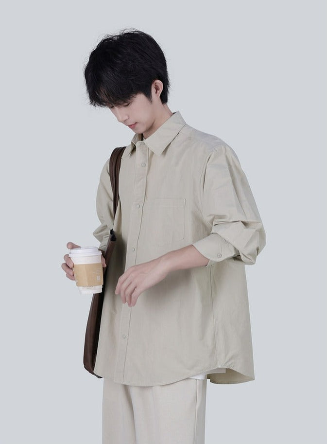 Retro Relaxed Button-Up Shirt with Chest Pocket