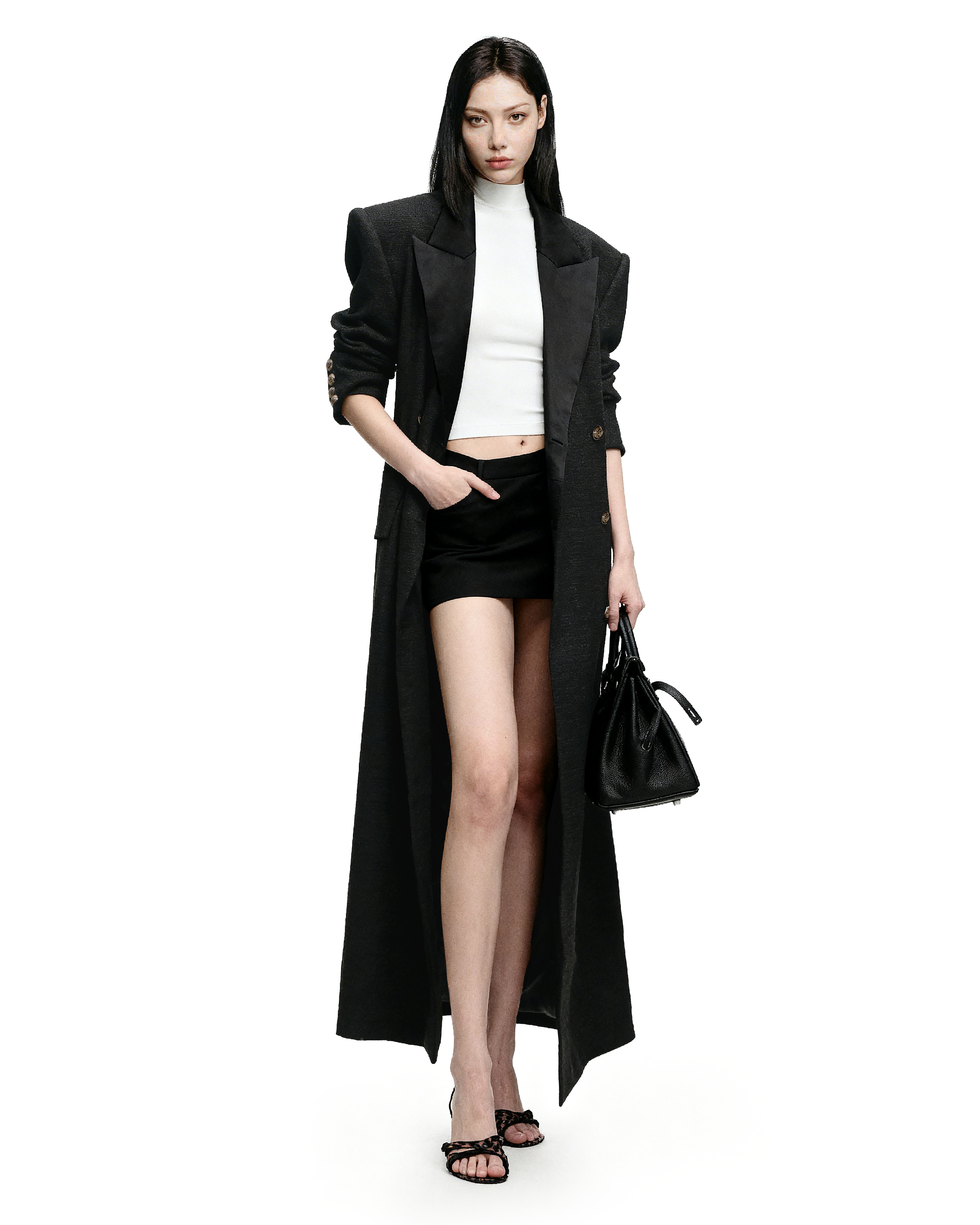 Structured Lapel Detail Double-Breasted Tweed Long Overcoat - nightcity clothing