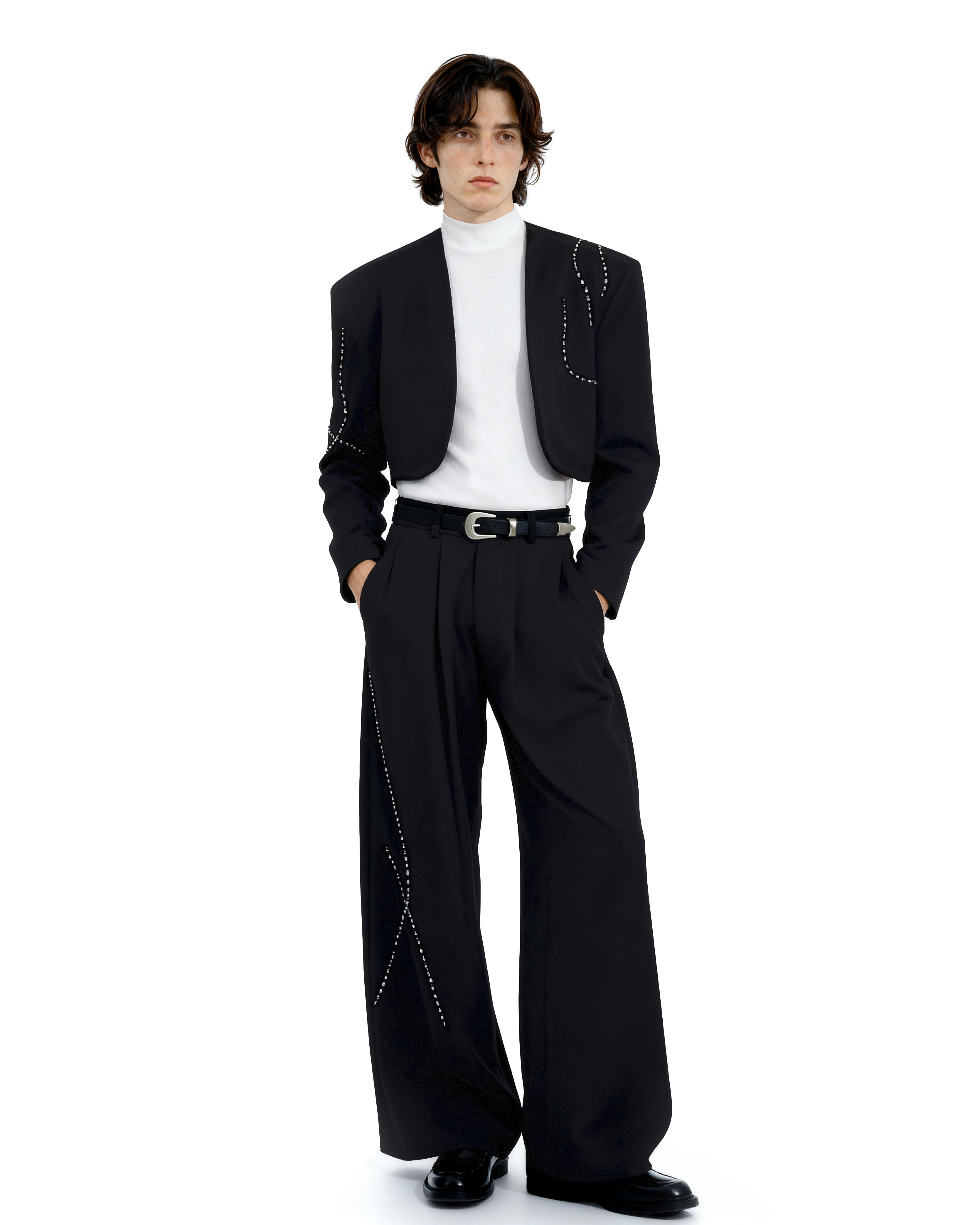 Structured Curve-Panel Cropped Blazer with Embellished Detailing and Wide Leg Pants Two-Piece Set - nightcity clothing