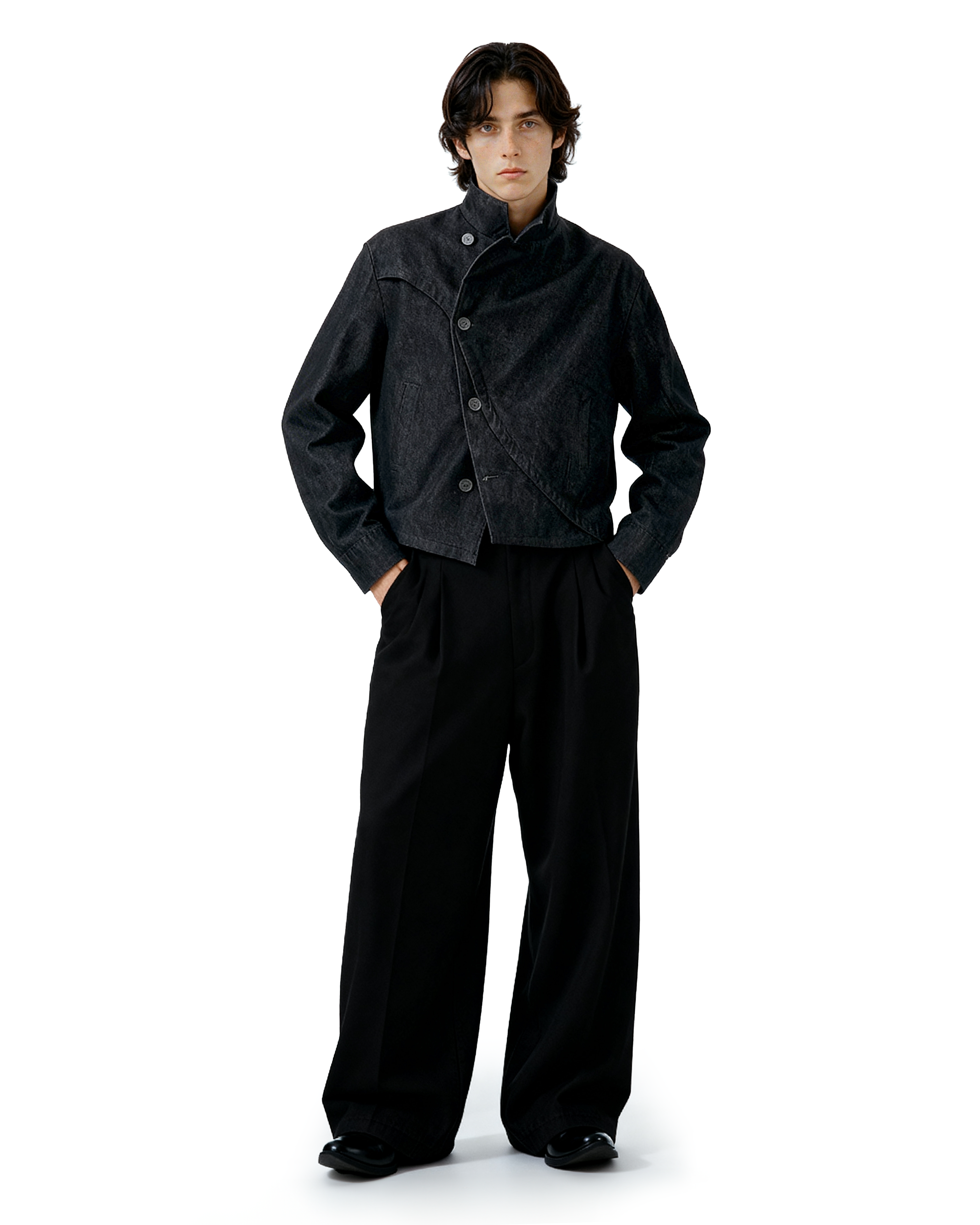 Overlap Asymmetric-Button Fencing Denim Jacket - nightcity clothing
