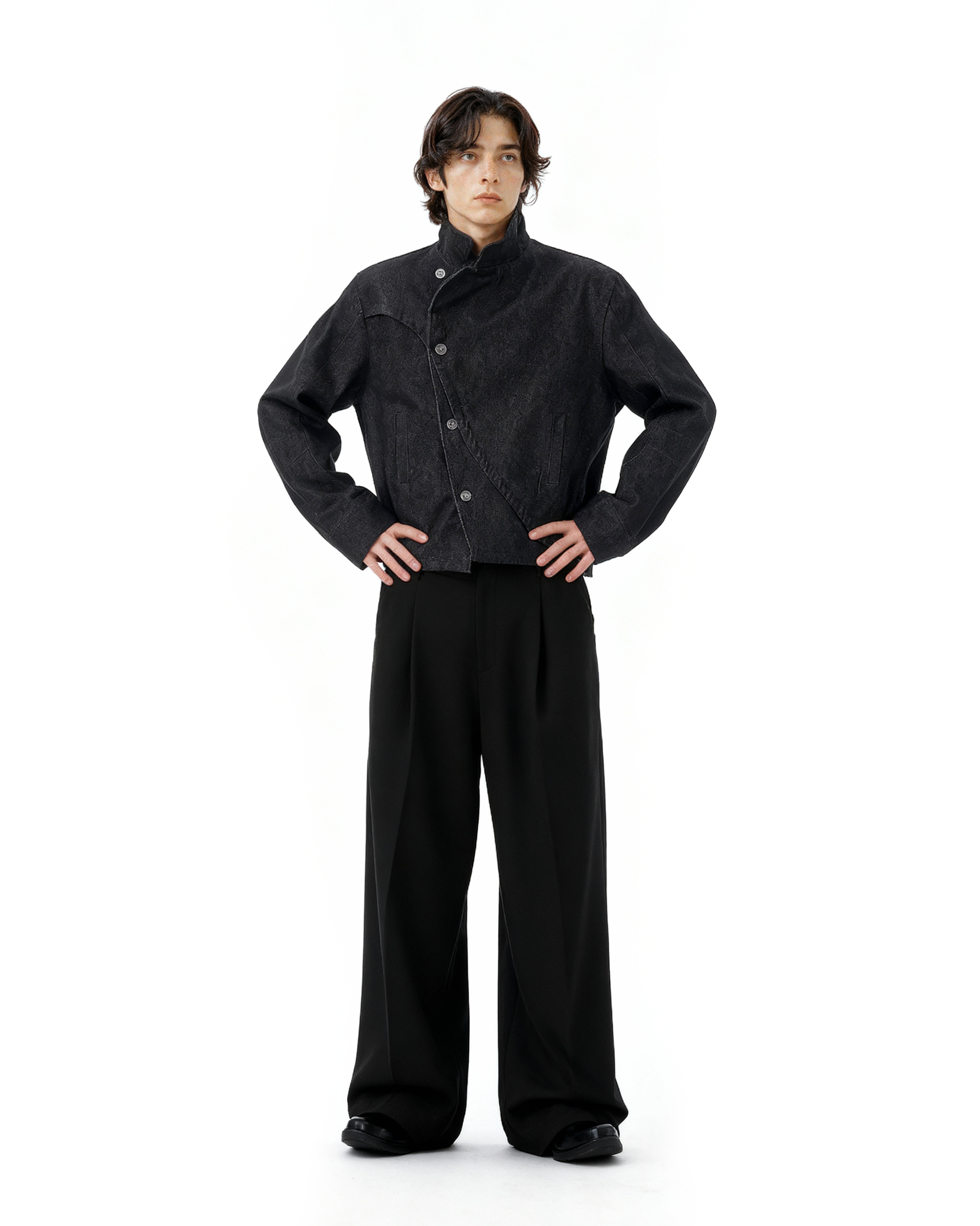 Overlap Asymmetric-Button Fencing Denim Jacket