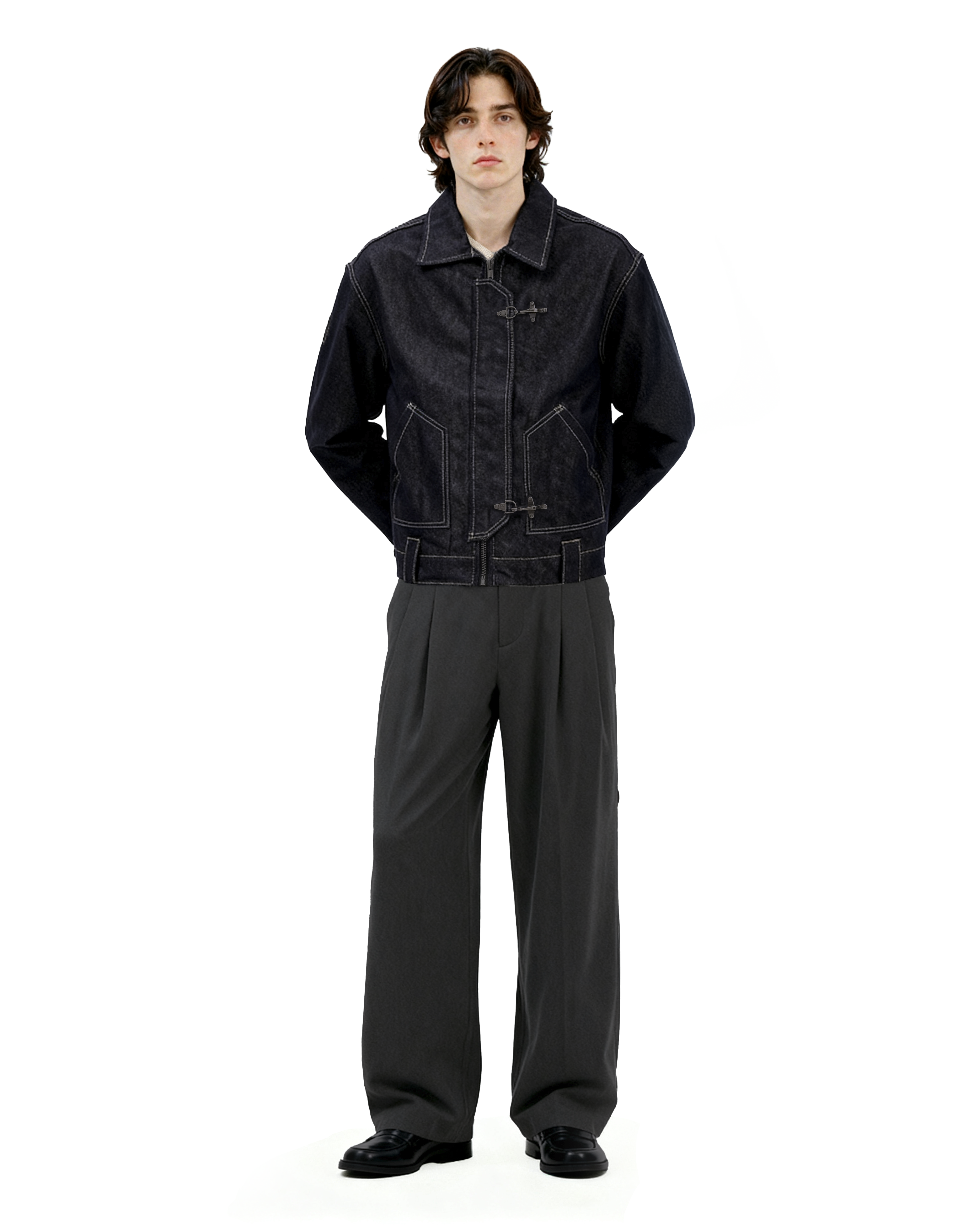 Dark Wash Fireman Clasp Mid-Crop Denim Jacket - nightcity clothing