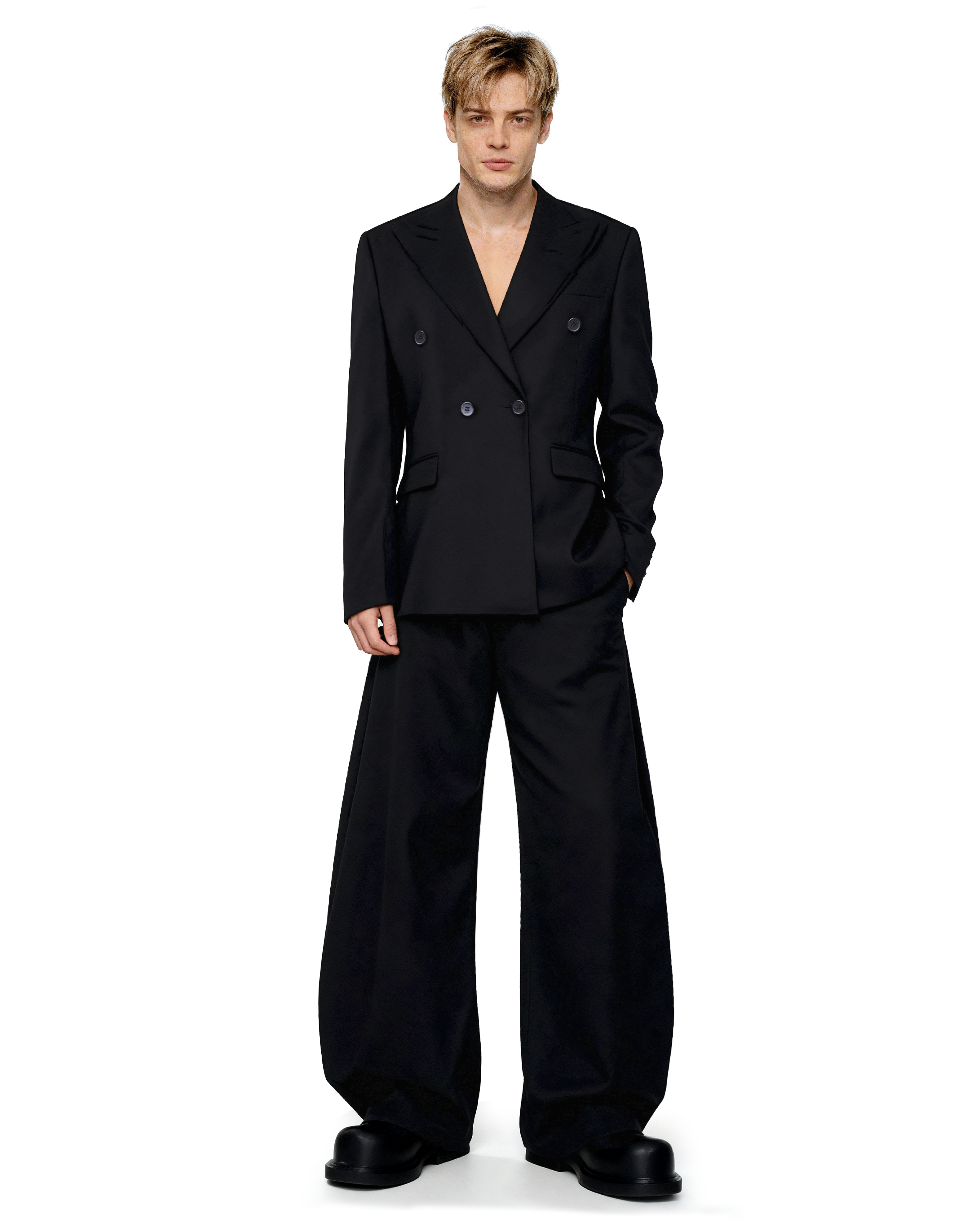 Boxy Double-Breasted Blazer with Peak Lapel and Wide Leg Trousers Suit-2