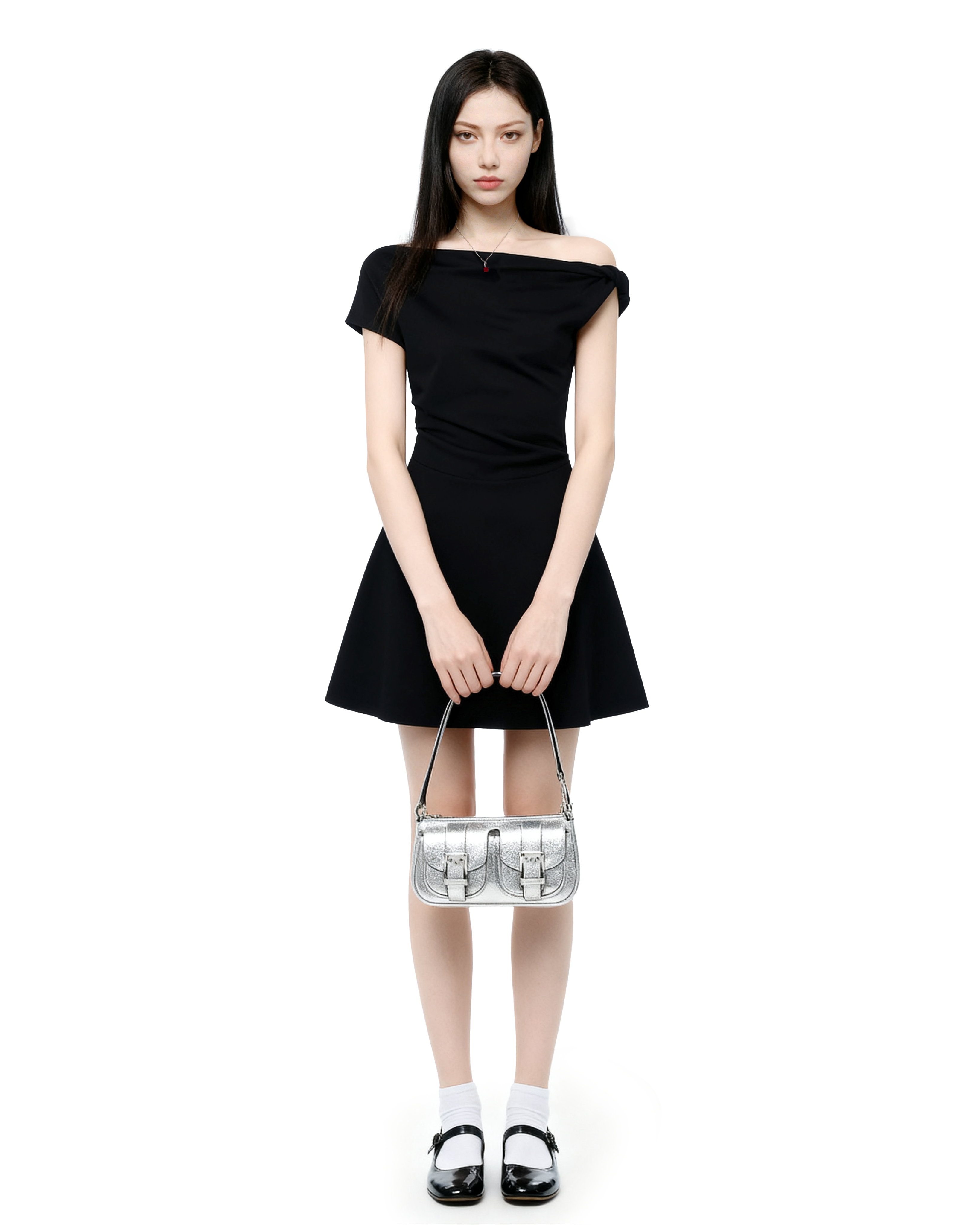 Asymmetric Off Shoulder Short Sleeve Flared Hem Mini Dress-5