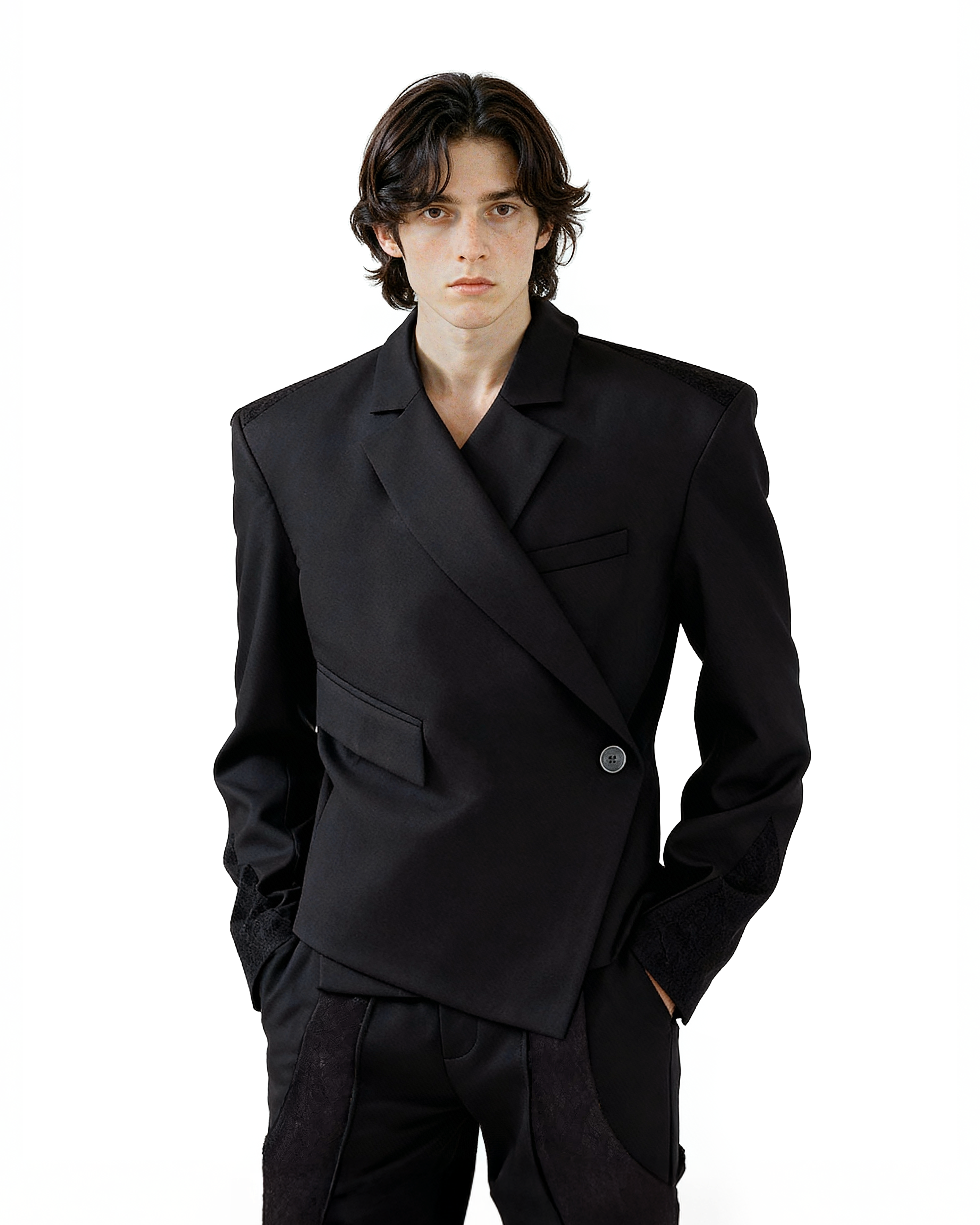 Asymmetric Overlap Button Lace Patchwork Blazer - nightcity clothing