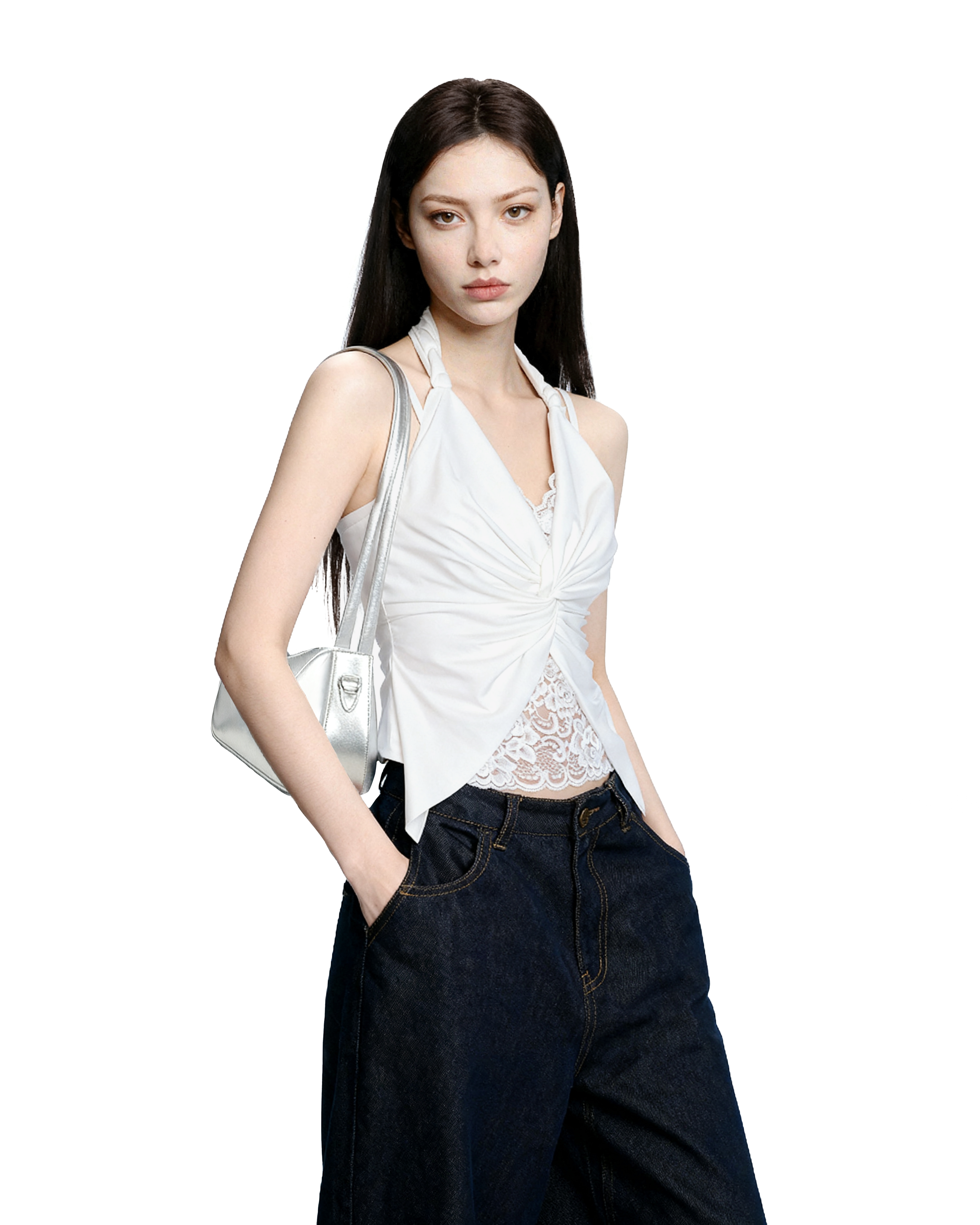 Ruched Halter Top with Lace Layer and Twist Front-3