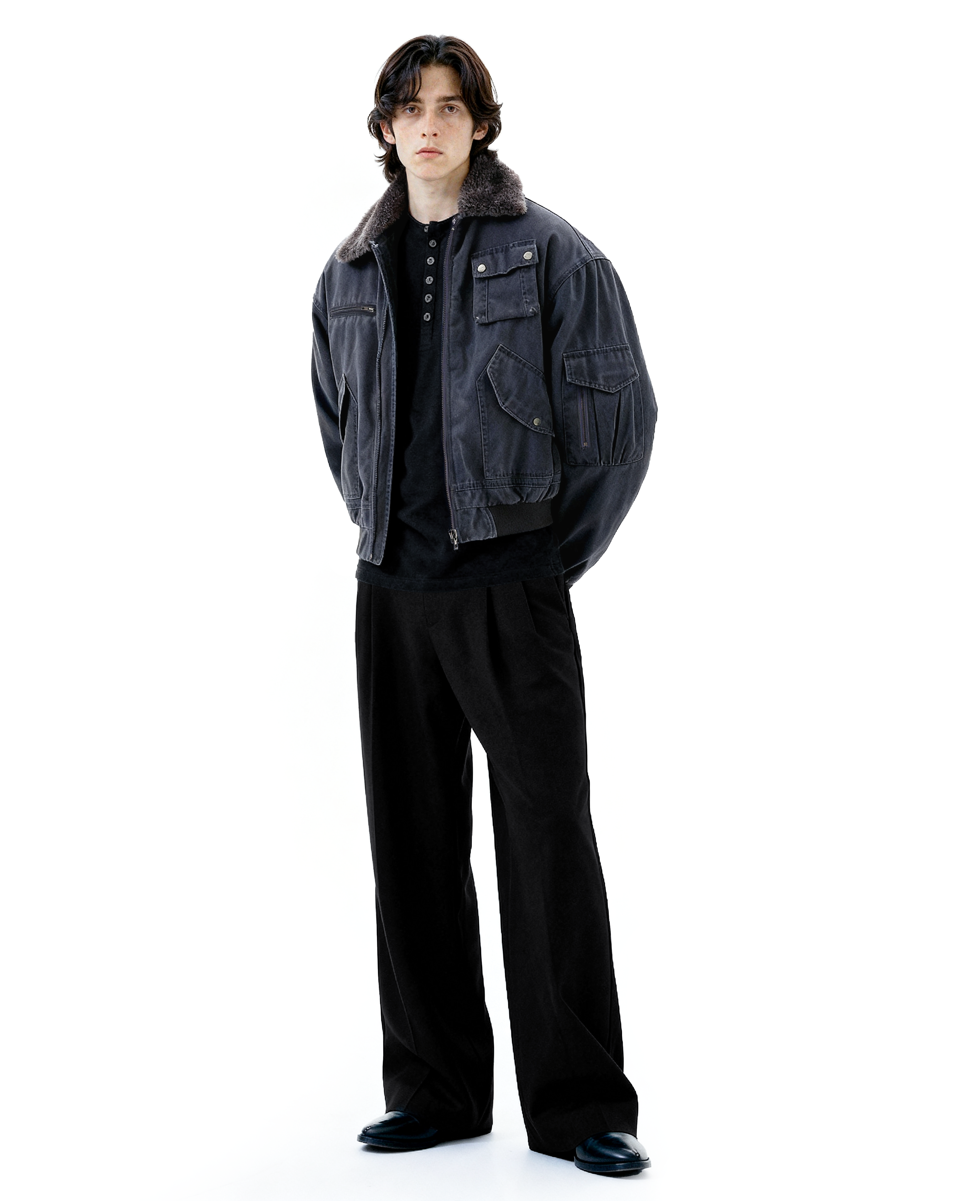 Faux Shearling Collar Worker Bomber Jacket - nightcity clothing