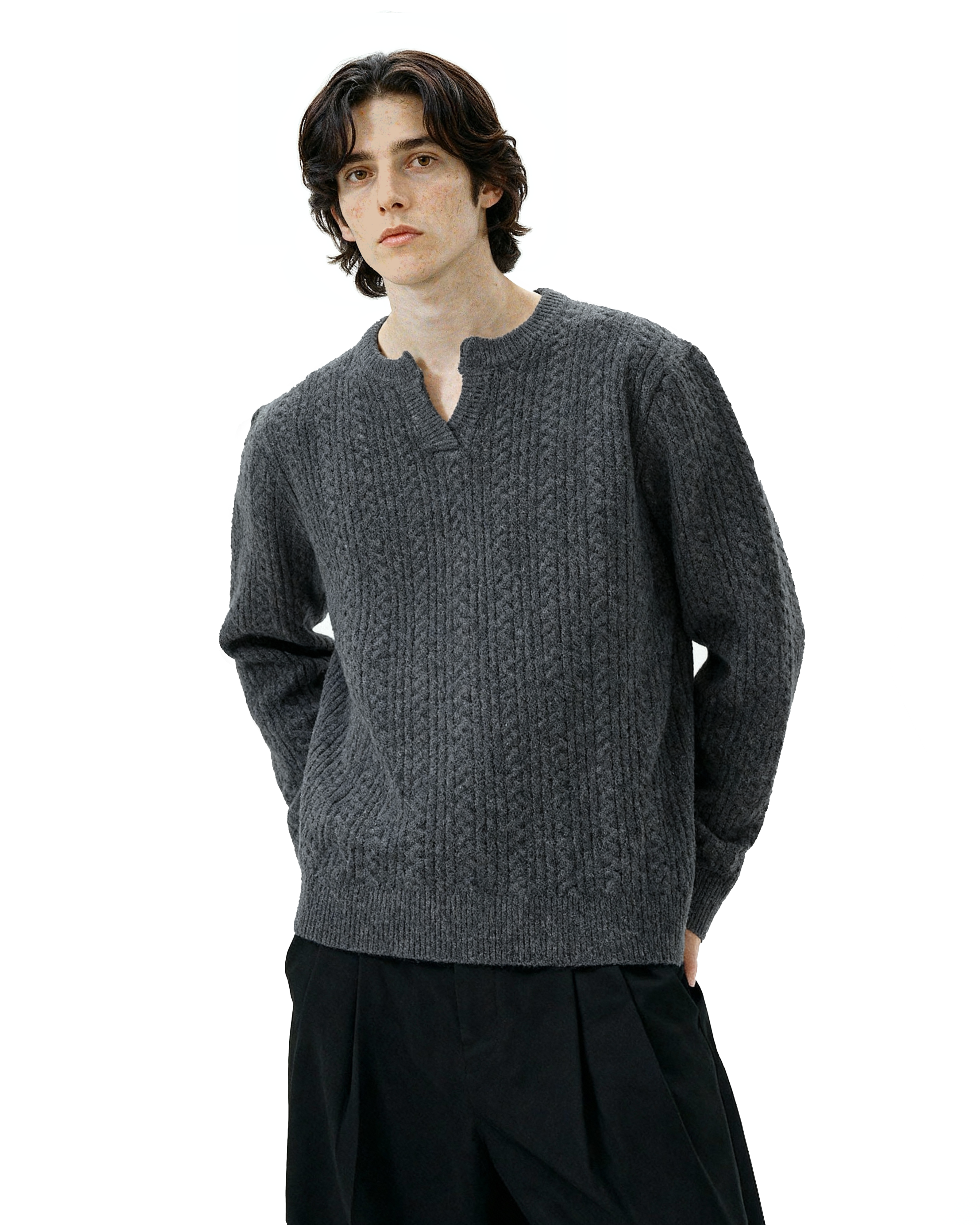 Cable Knit Notch-Neck Henley Pullover - nightcity clothing