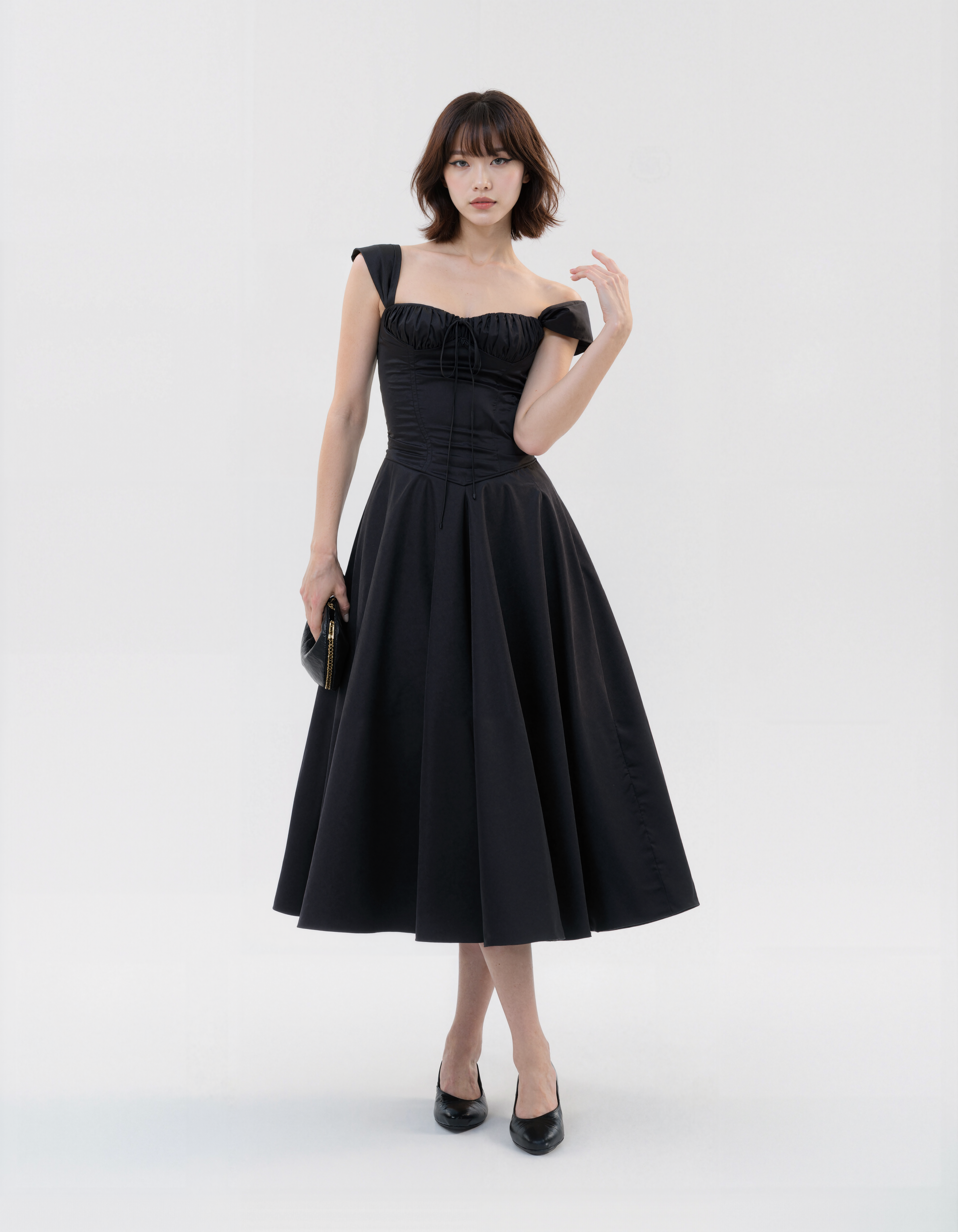 Off-Shoulder Corset Tea-Length Midi Dress