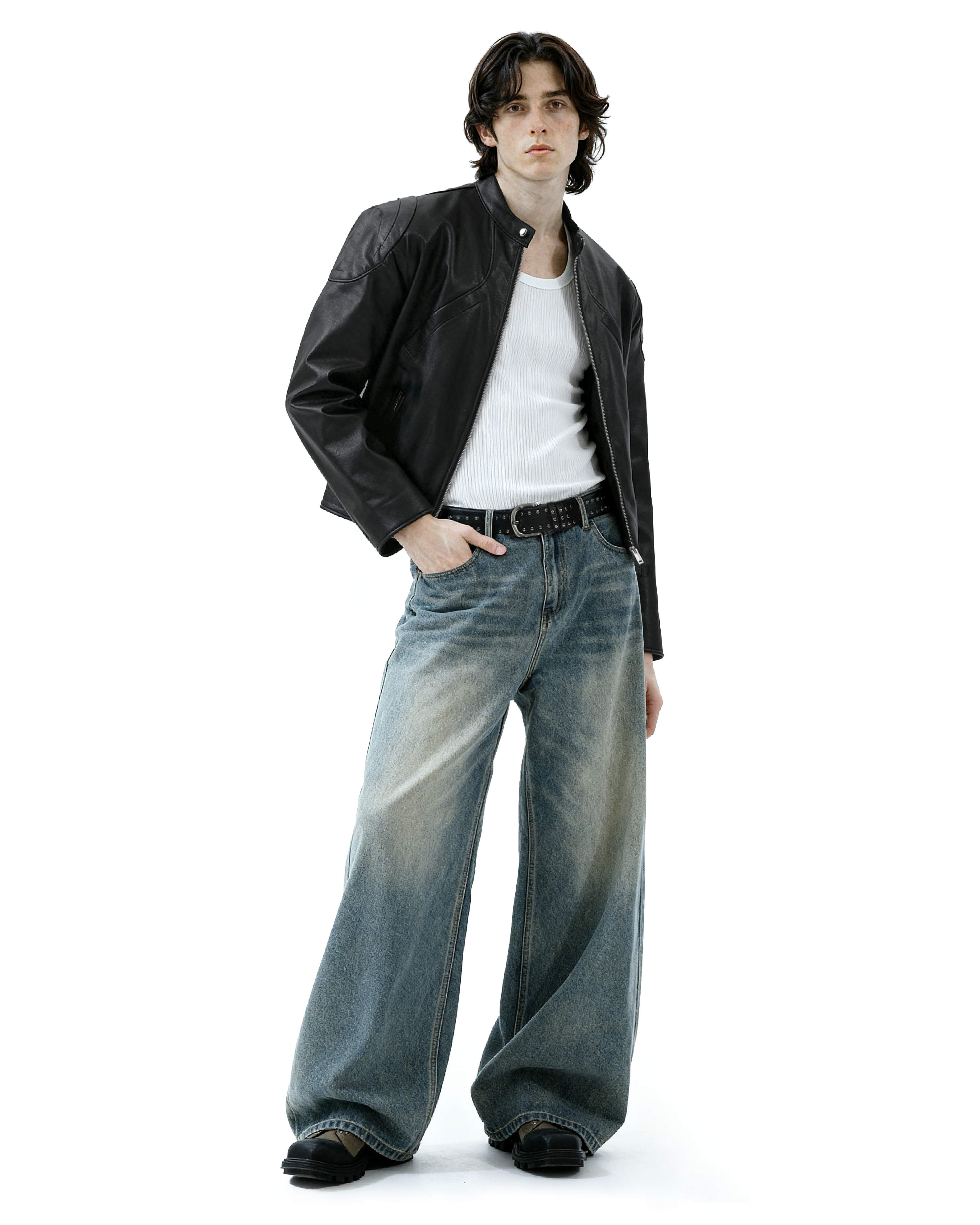 Boxy Faux Leather Racer Jacket with Zip Pockets - nightcity clothing