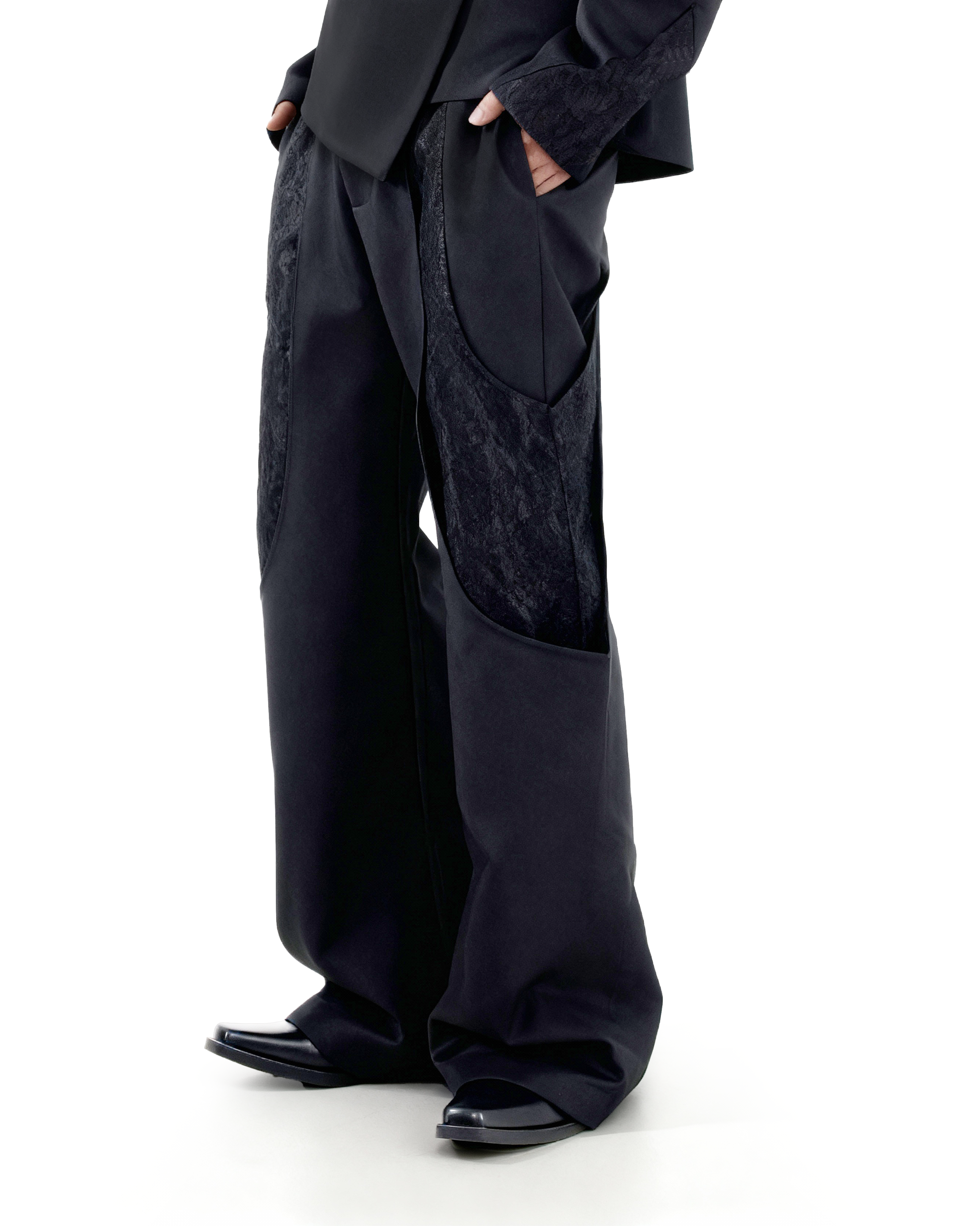 Wide-Leg Panelled Suit Trousers with Lace Patchwork - nightcity clothing