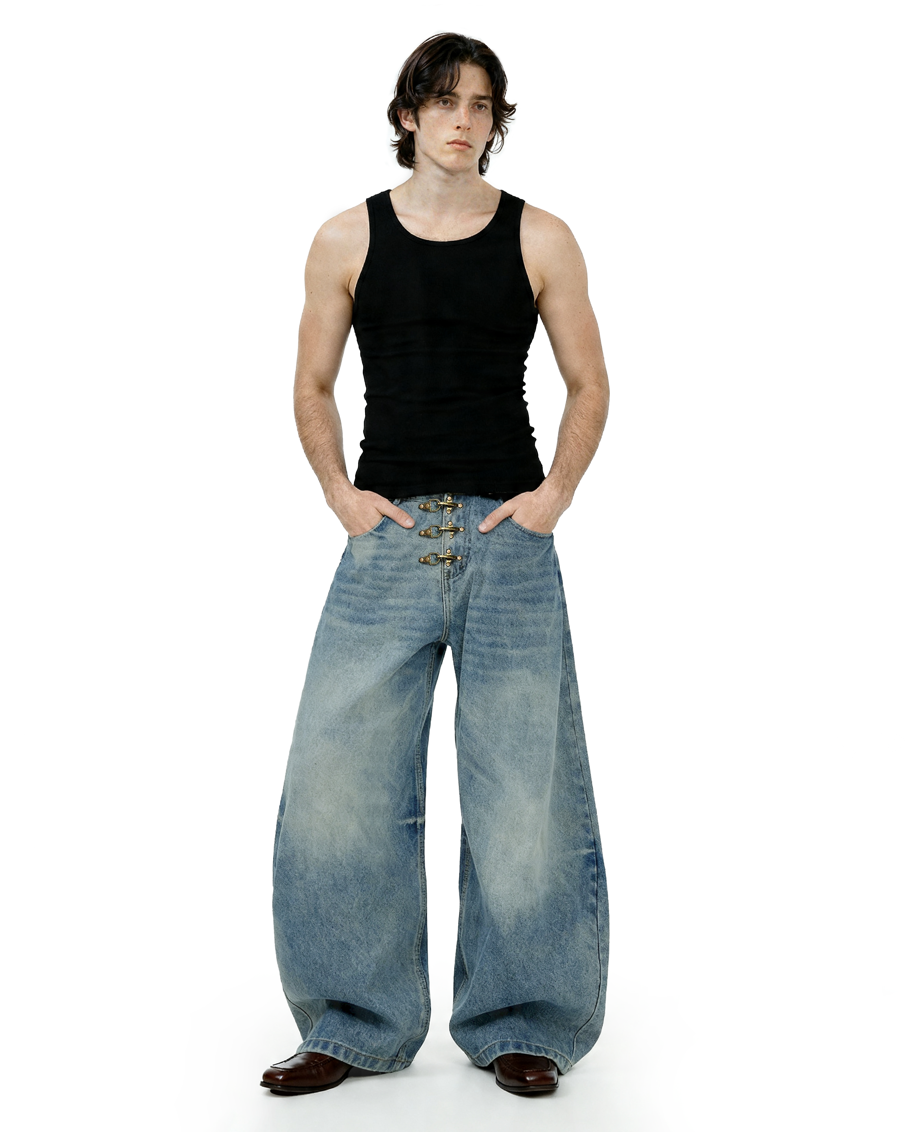 Fireman Buckle Crotch Wide Leg Vintage Wash Denim Jeans-4