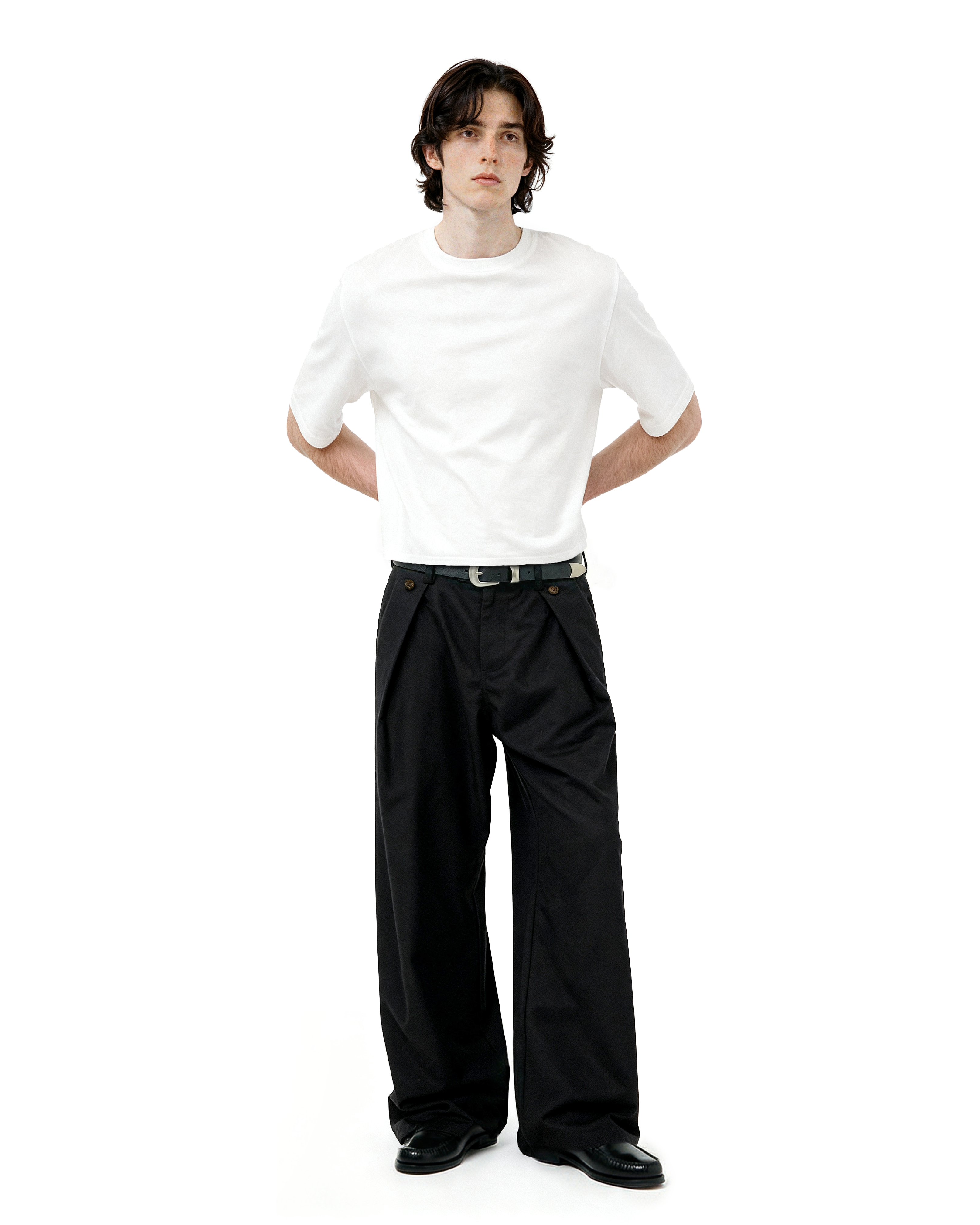 Wide Leg Pleated Pants with Side Overlay Button Panels - nightcity clothing