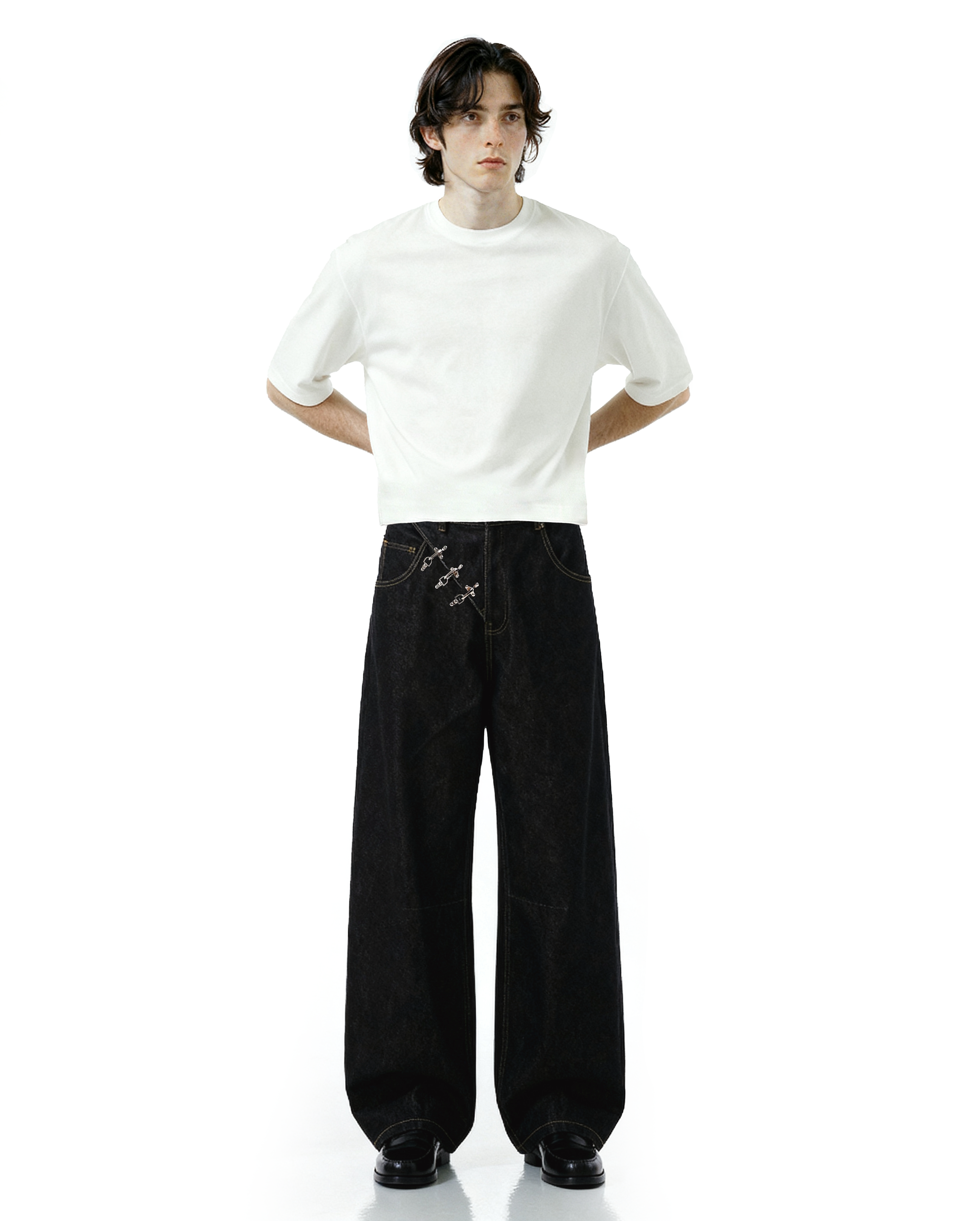 Contrast Stitch Wide Leg Jeans with Diagonal Fireman Buckles - nightcity clothing