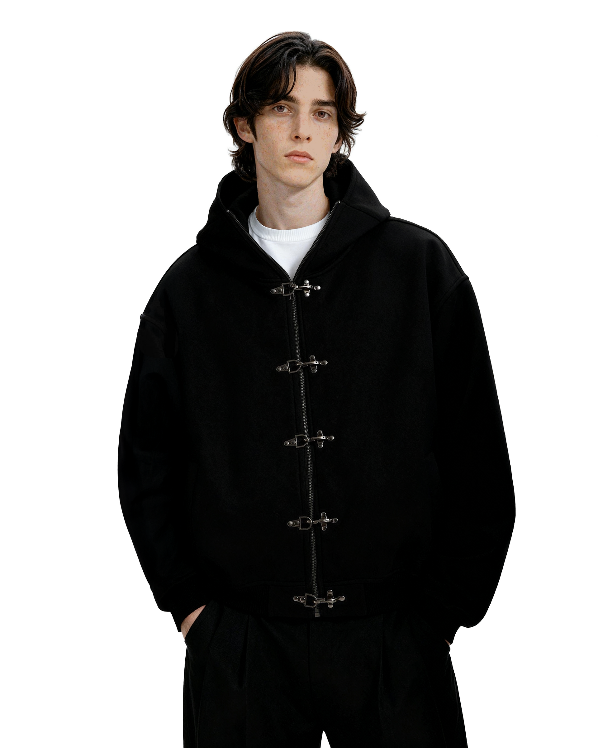 Oversized Fireman Clasp Zip-Up Hooded Bomber Jacket