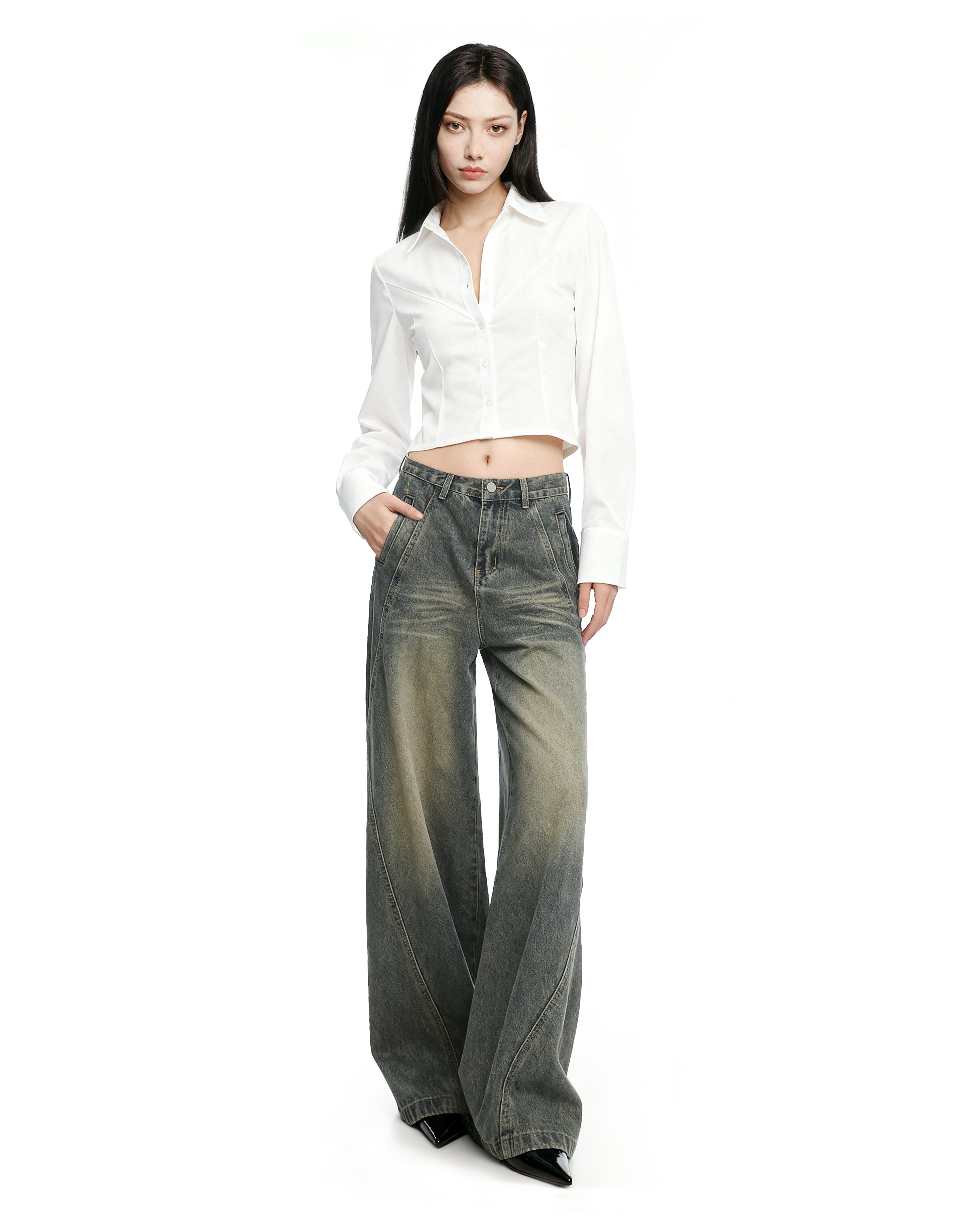 Sandblast Wide-Leg Jeans with Stitch Detail-6