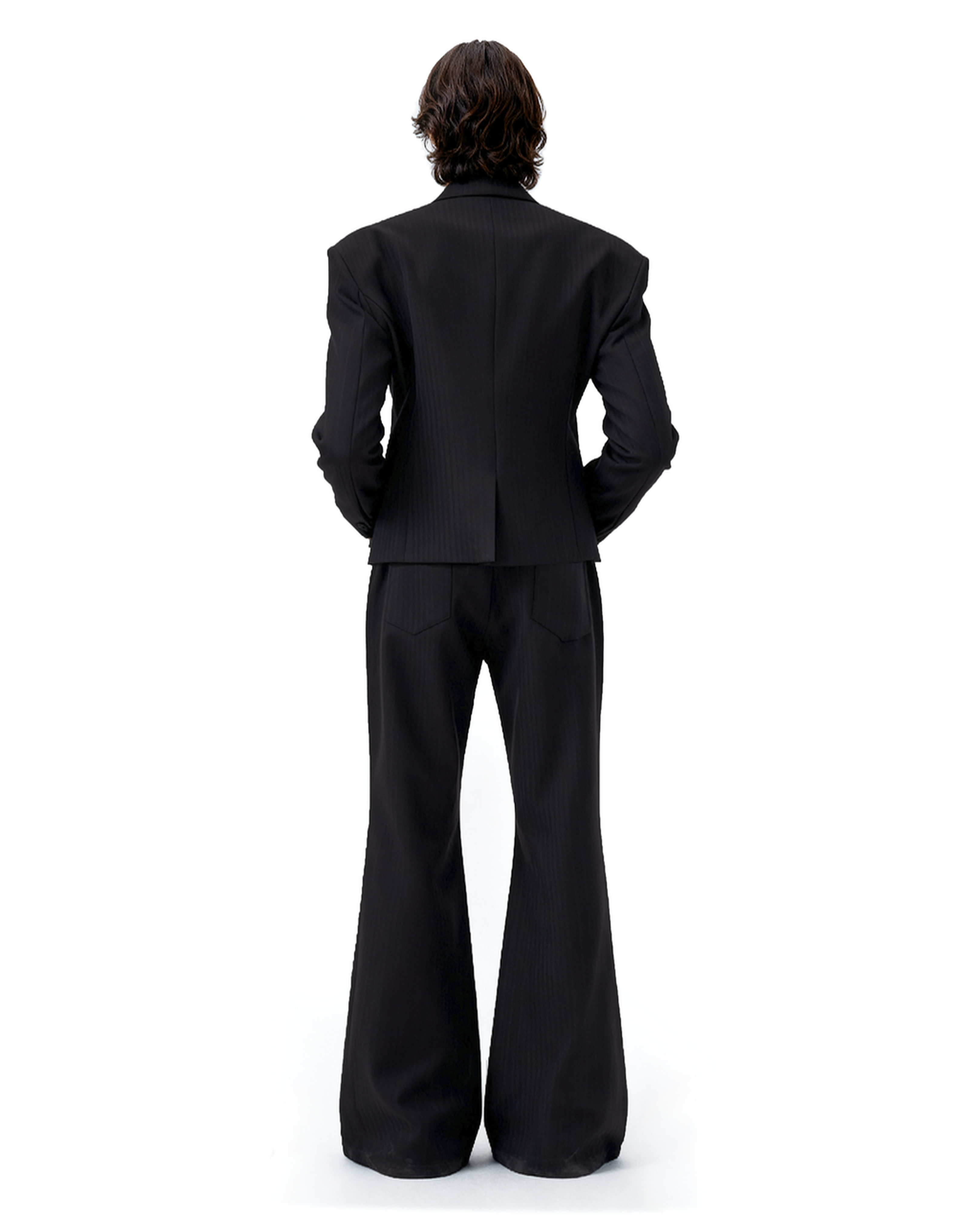 Overlap Stripe-Texture Wide Lapel Blazer and Flare Trousers Suit-8
