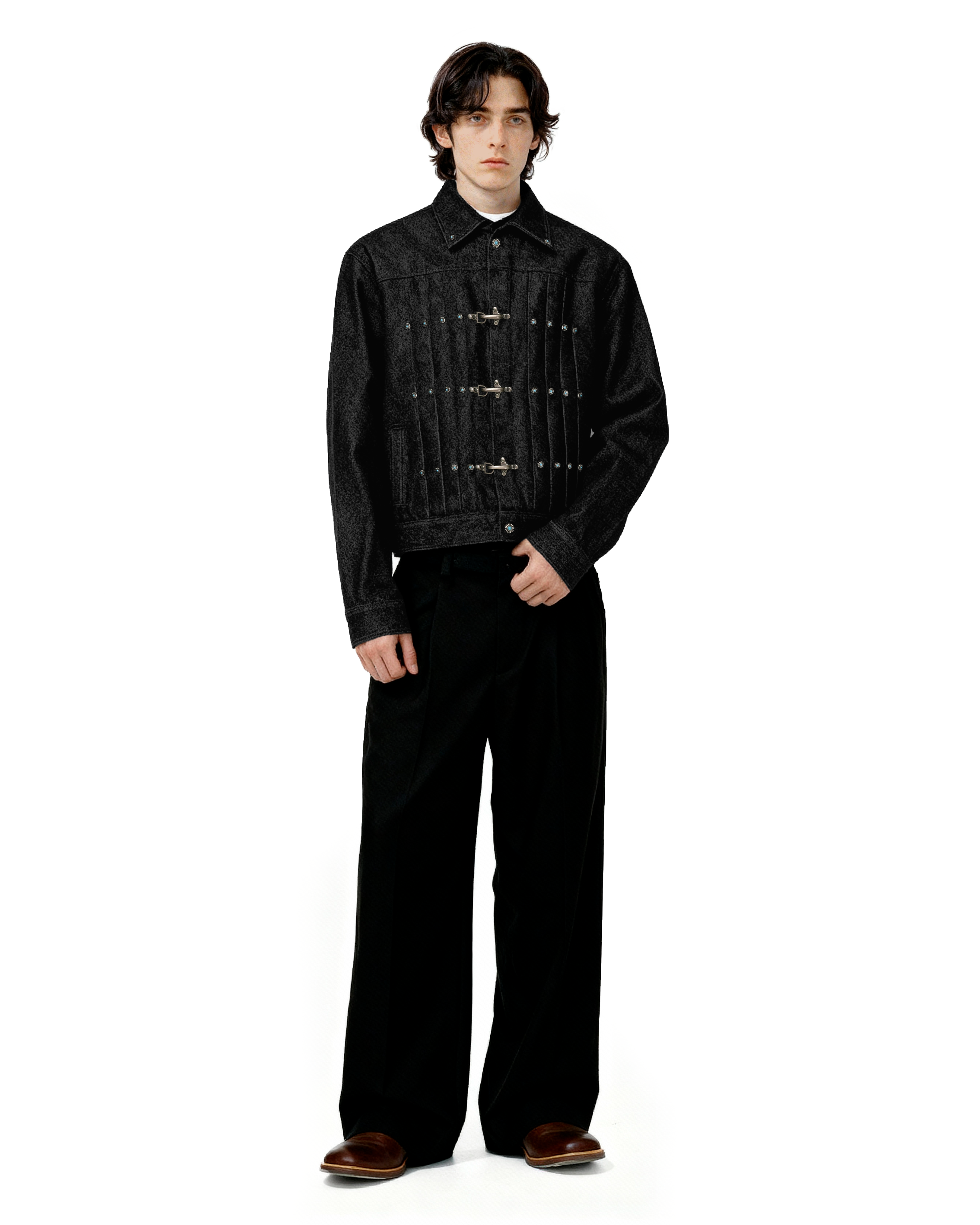 Fireman Clasp Pleated Denim Jacket with Studs - nightcity clothing