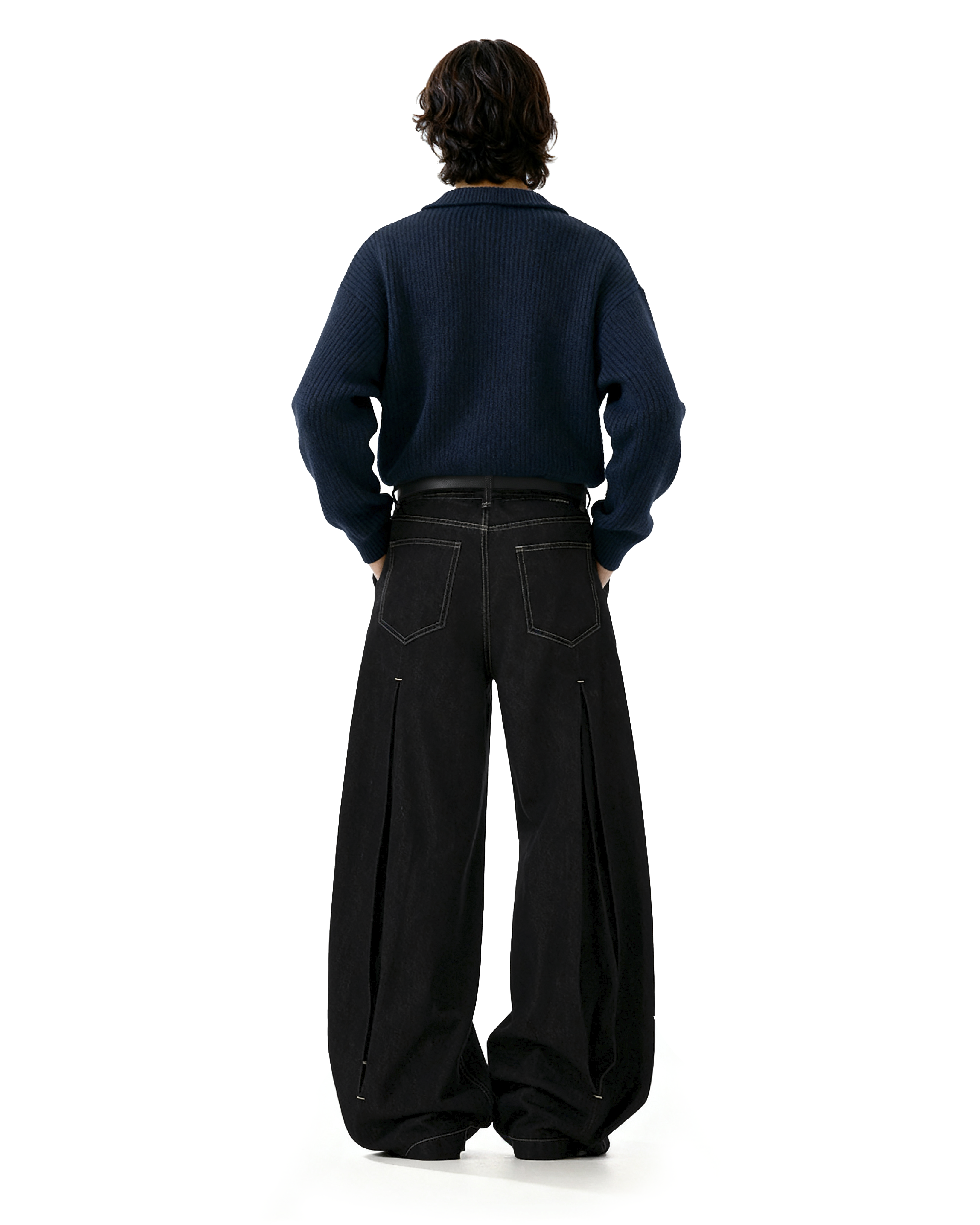 Half-Pleated Dark Wash Contrast Stitch Wide Jeans - nightcity clothing