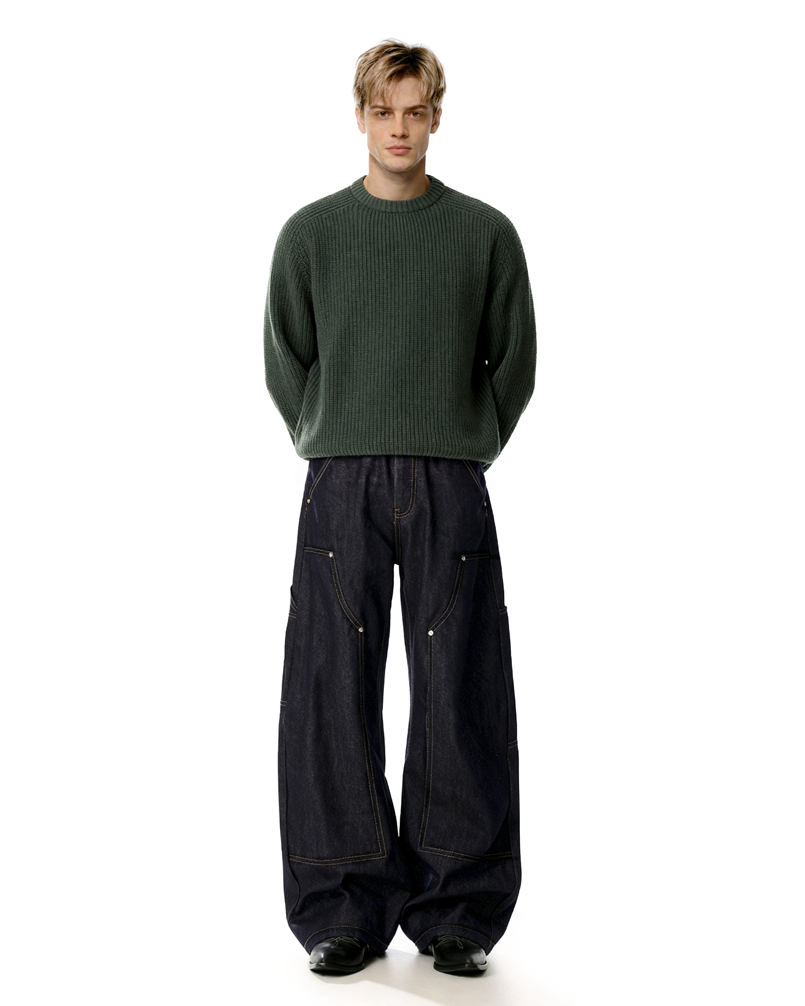 Rivet Detail Wide Leg Contrast Stitch Utility Jeans - nightcity clothing