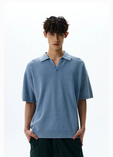 Washout Textured Knit Short Sleeve Polo Shirt