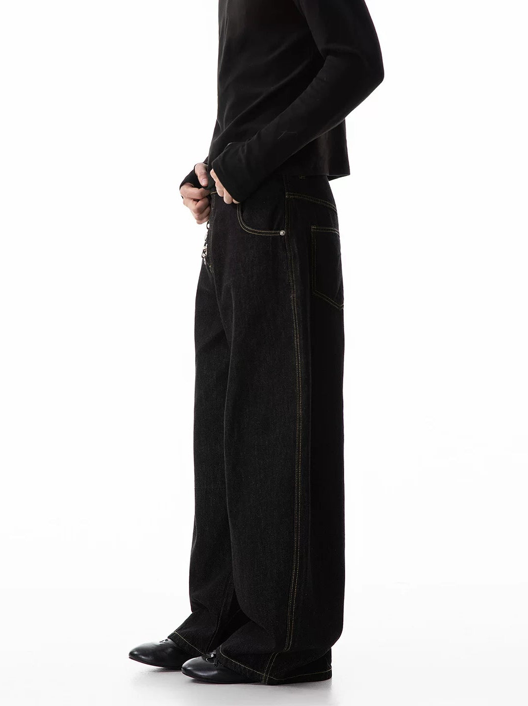 Contrast Stitch Wide Leg Jeans with Diagonal Fireman Buckles