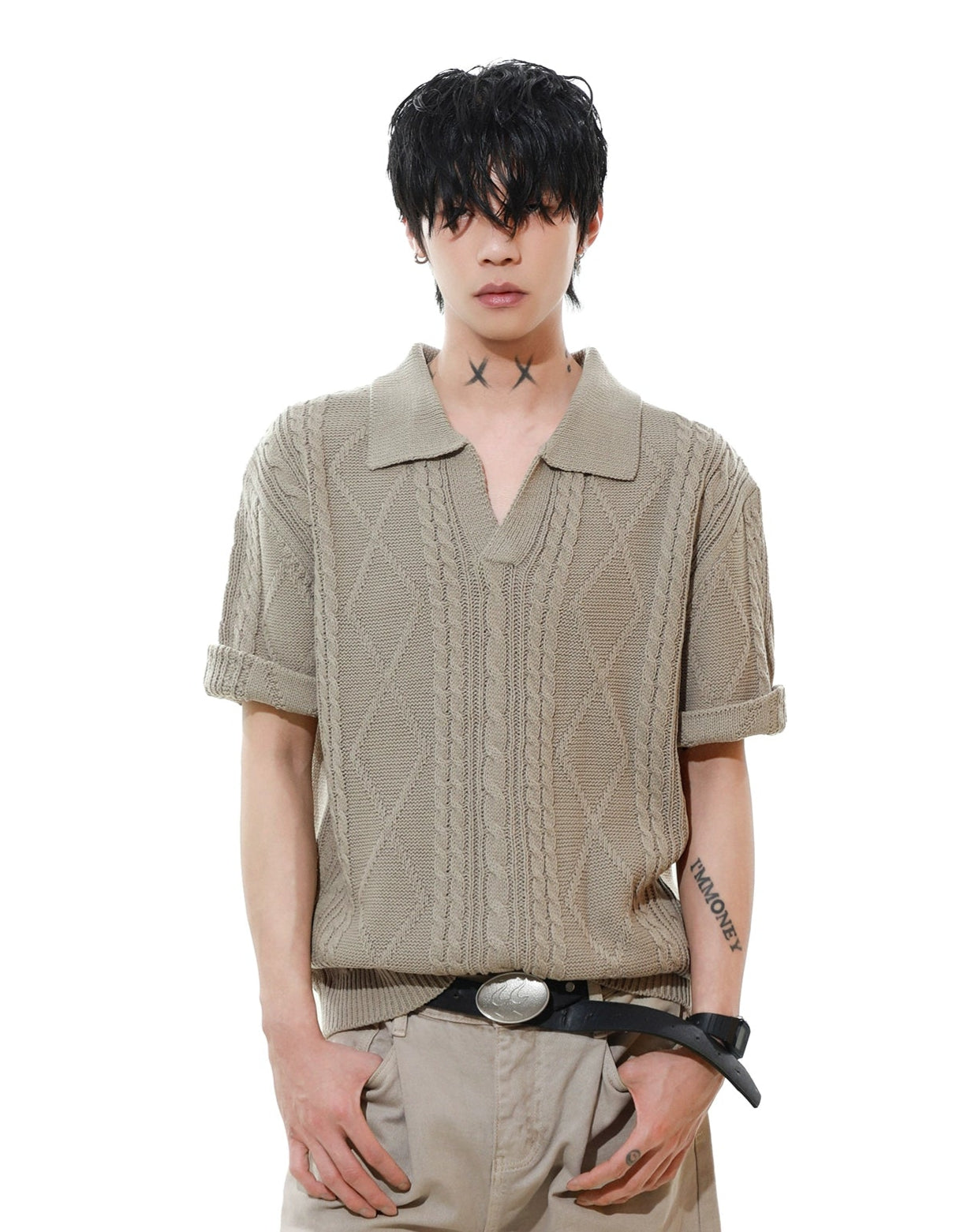 Textured Cable Knit Short Sleeve Polo Top