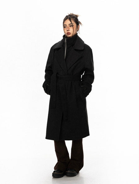 Oversized Belted Double Breasted Coat with Wide Collar