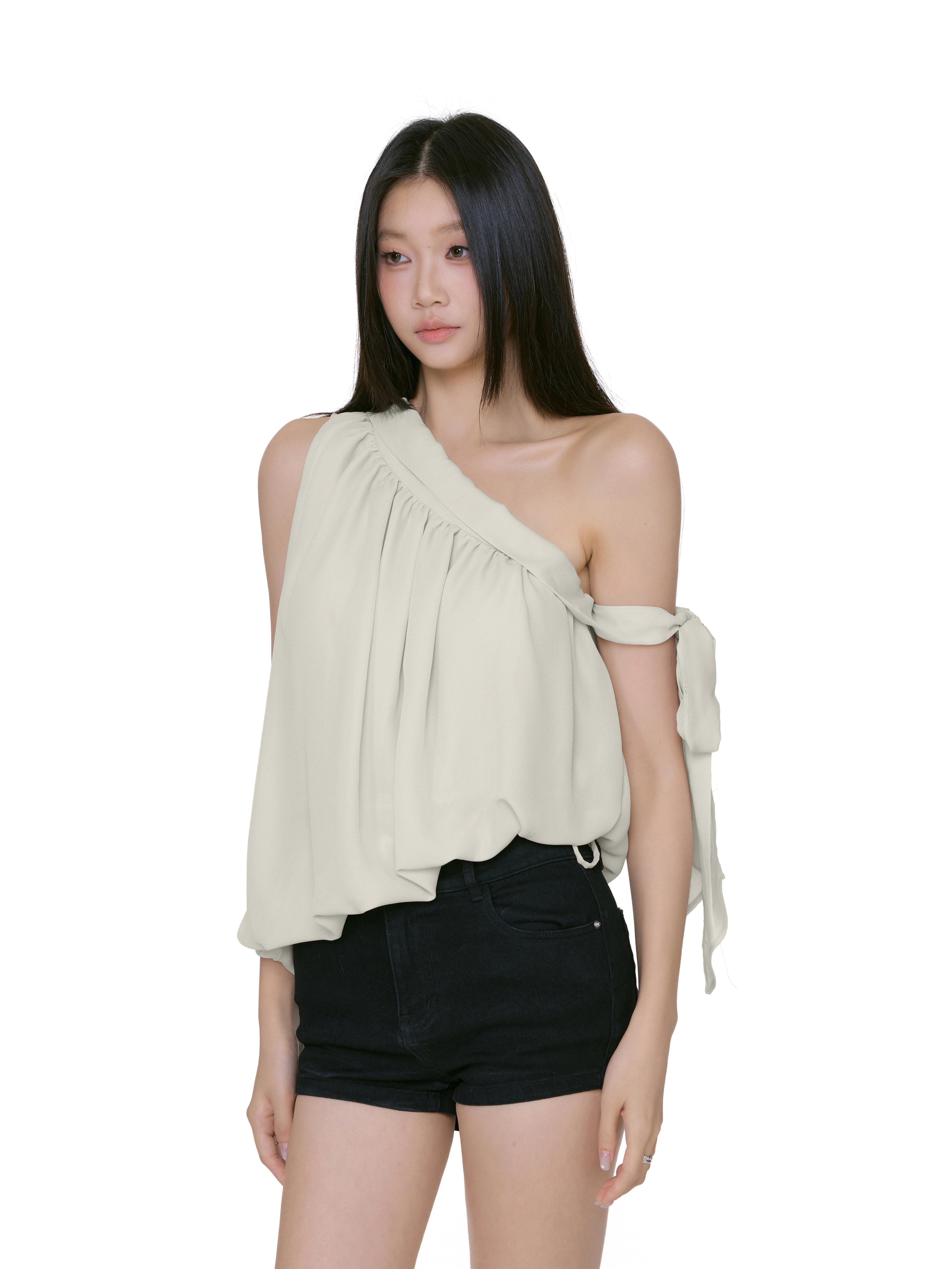 One Shoulder Draped Tie Sleeve Top