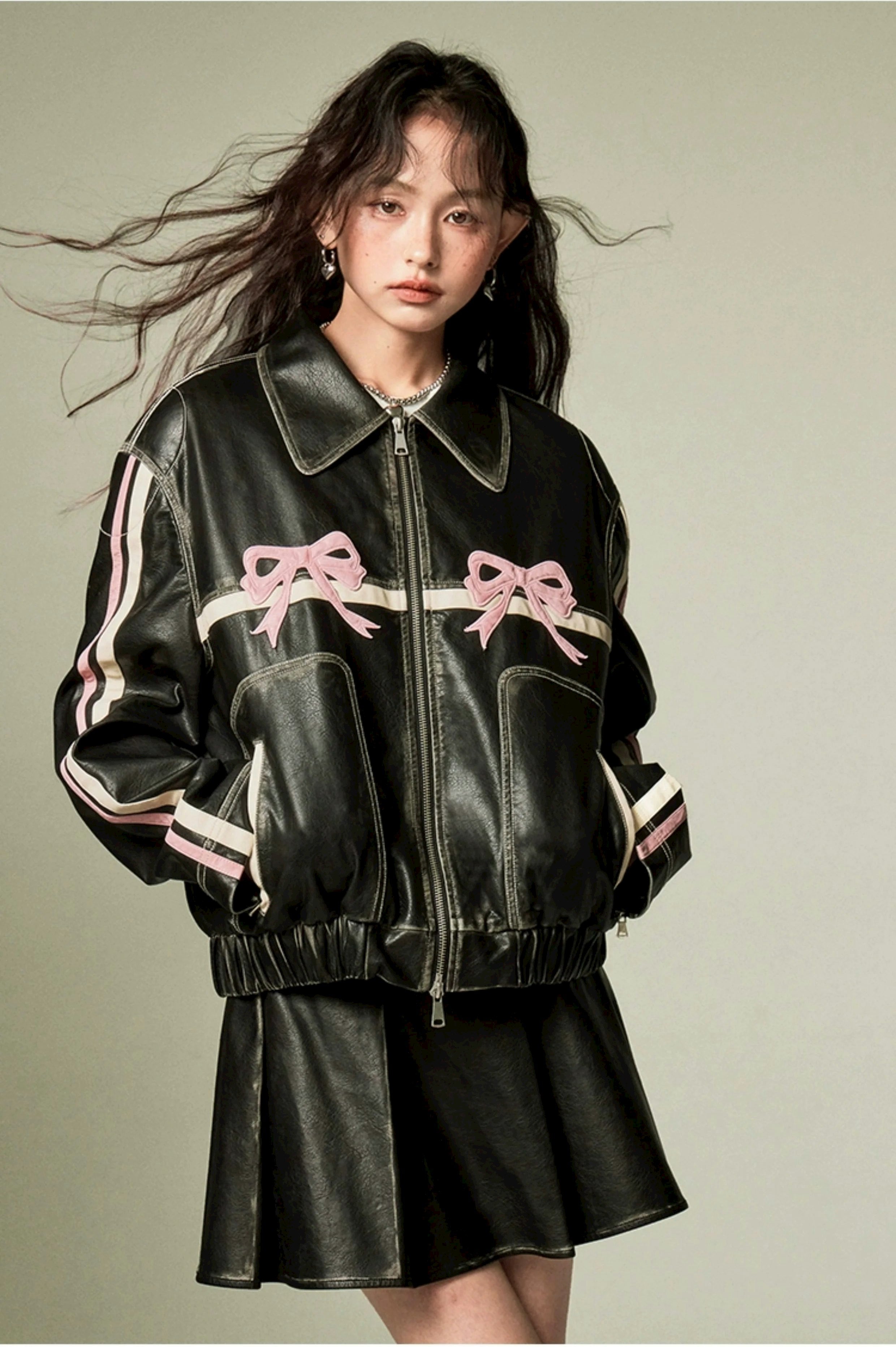 Faux Leather Jacket with Embroidered Ribbon Bow Detail