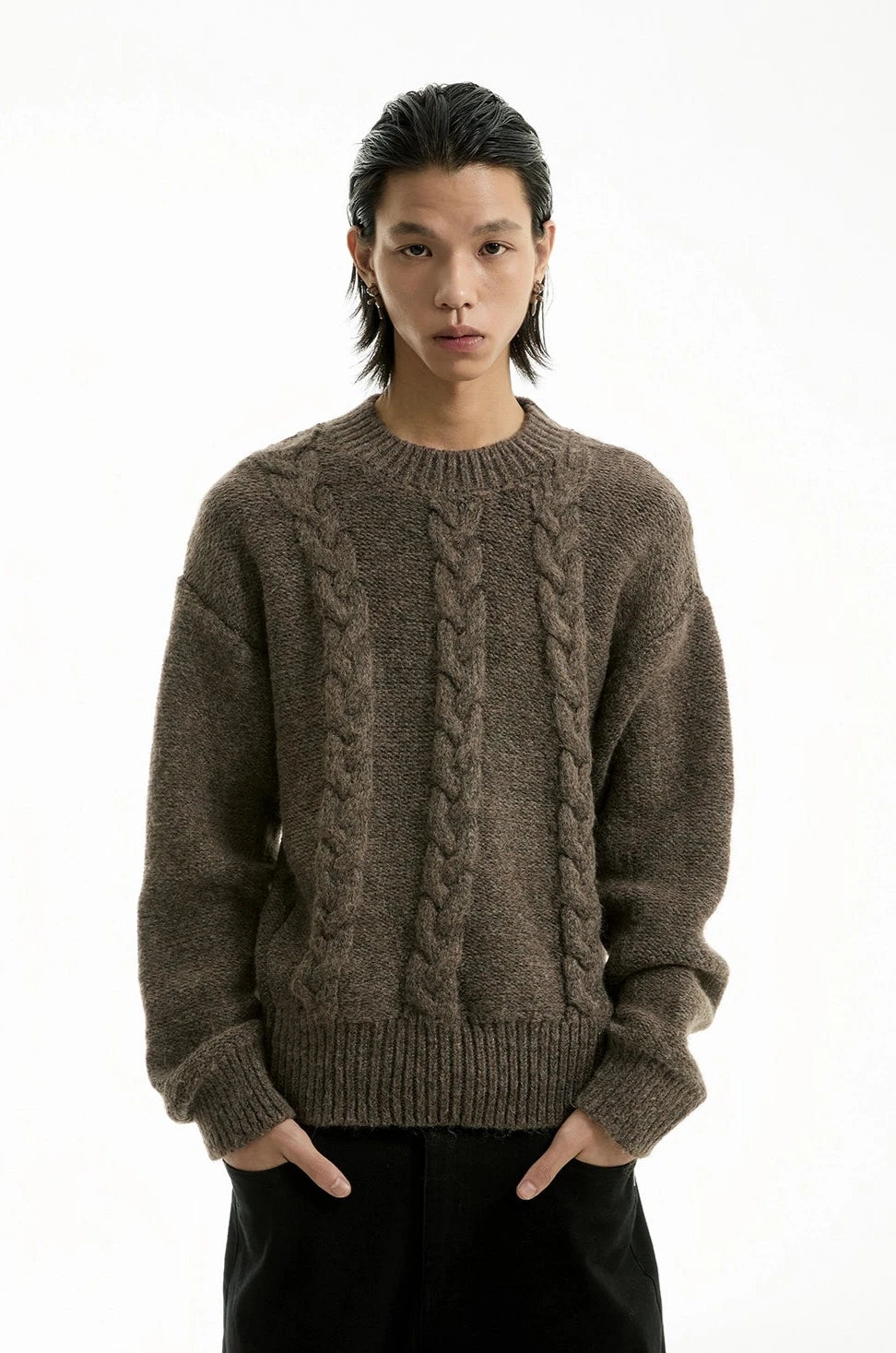 Cable Knit Crewneck Ribbed High-Hem Sweater