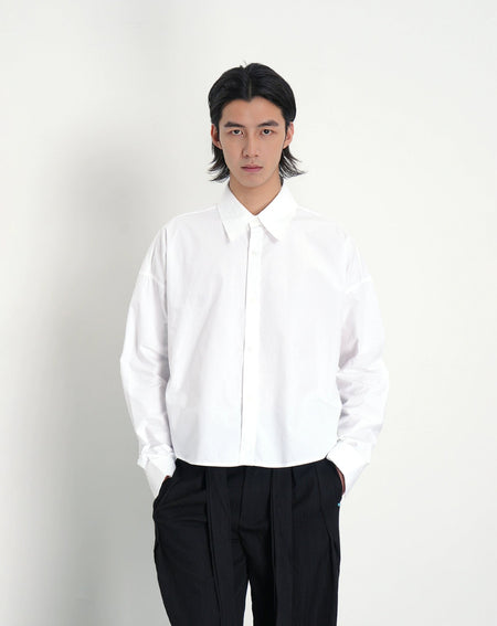 Mid-Crop Oversized Drop Shoulder Button-Up Shirt
