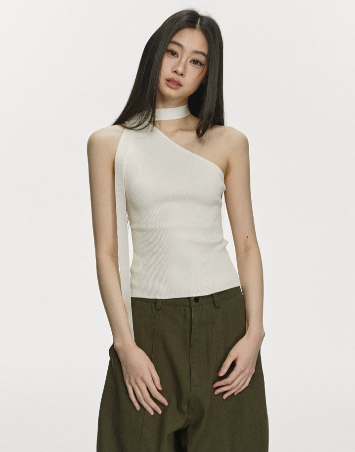 Ribbed One Shoulder Knit Top with Scarf Detail