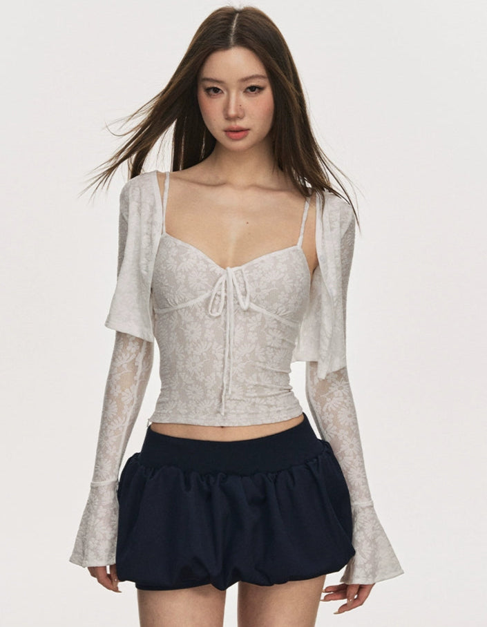 Floral Cami Top with Adjustable Strap and Flare Sleeve Crop Cardigan Two-Piece Set