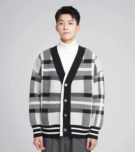 Checkered Drop Shoulder Button Cardigan