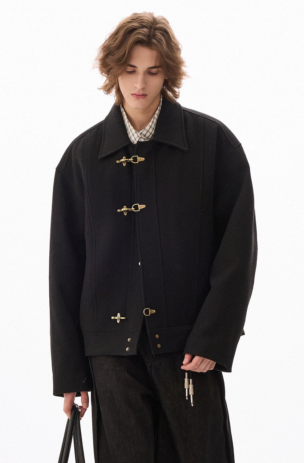 Wool-Blend Drop Shoulder Fireman Clasp Collared Jacket