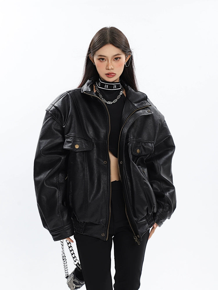 Drop Shoulder Faux Leather Bomber Jacket